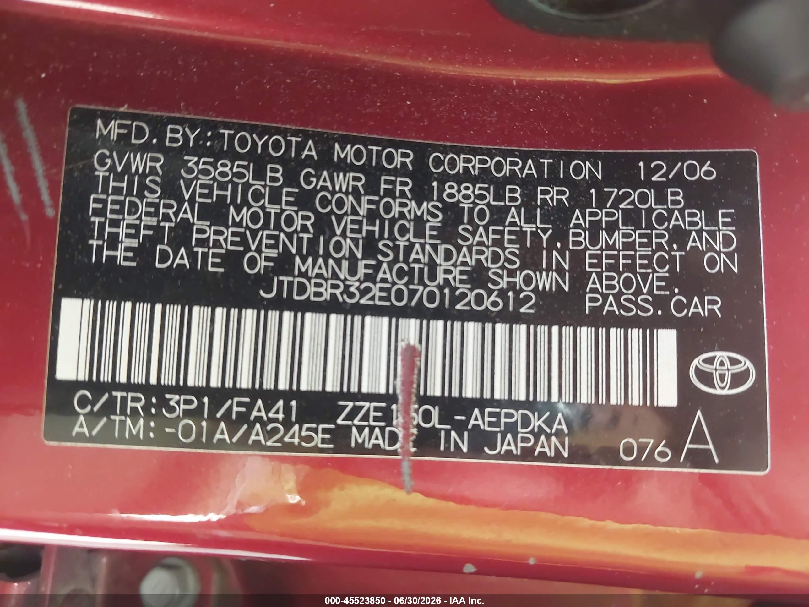 2007 Toyota Corolla Ce Red vin: JTDBR32E070120612