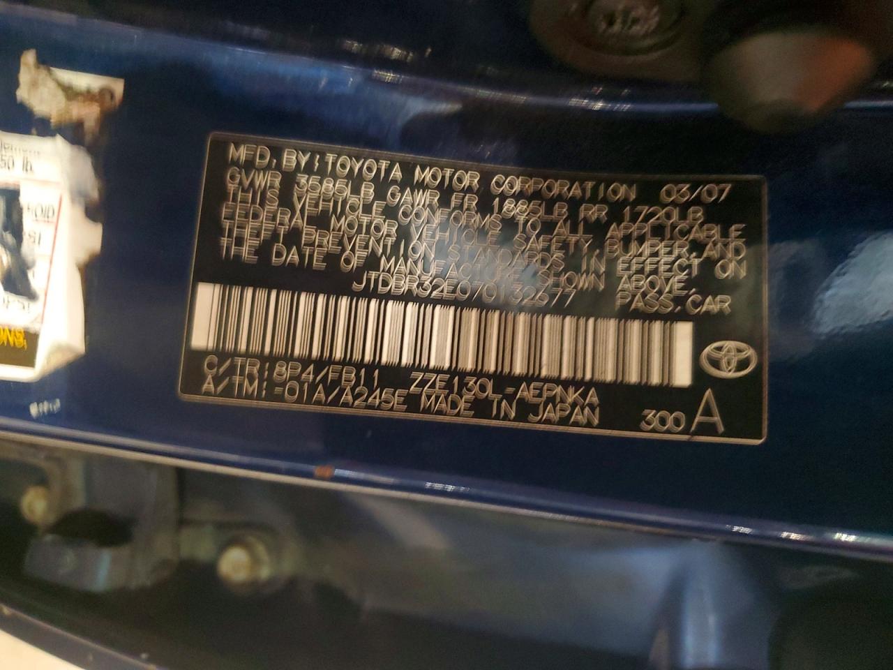 2007 Toyota Corolla Le Blue vin: JTDBR32E070132677