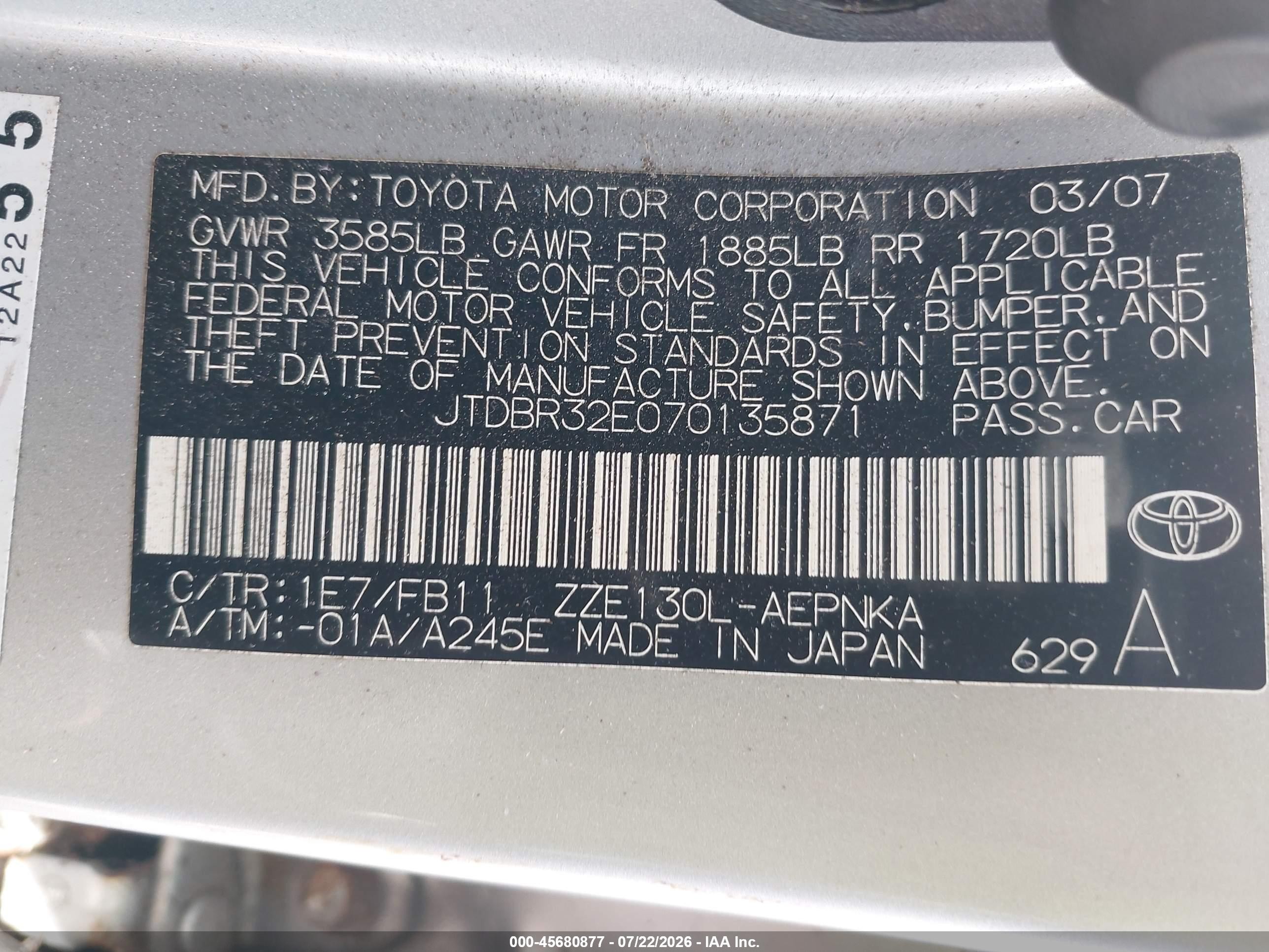 2007 Toyota Corolla Le Silver vin: JTDBR32E070135871