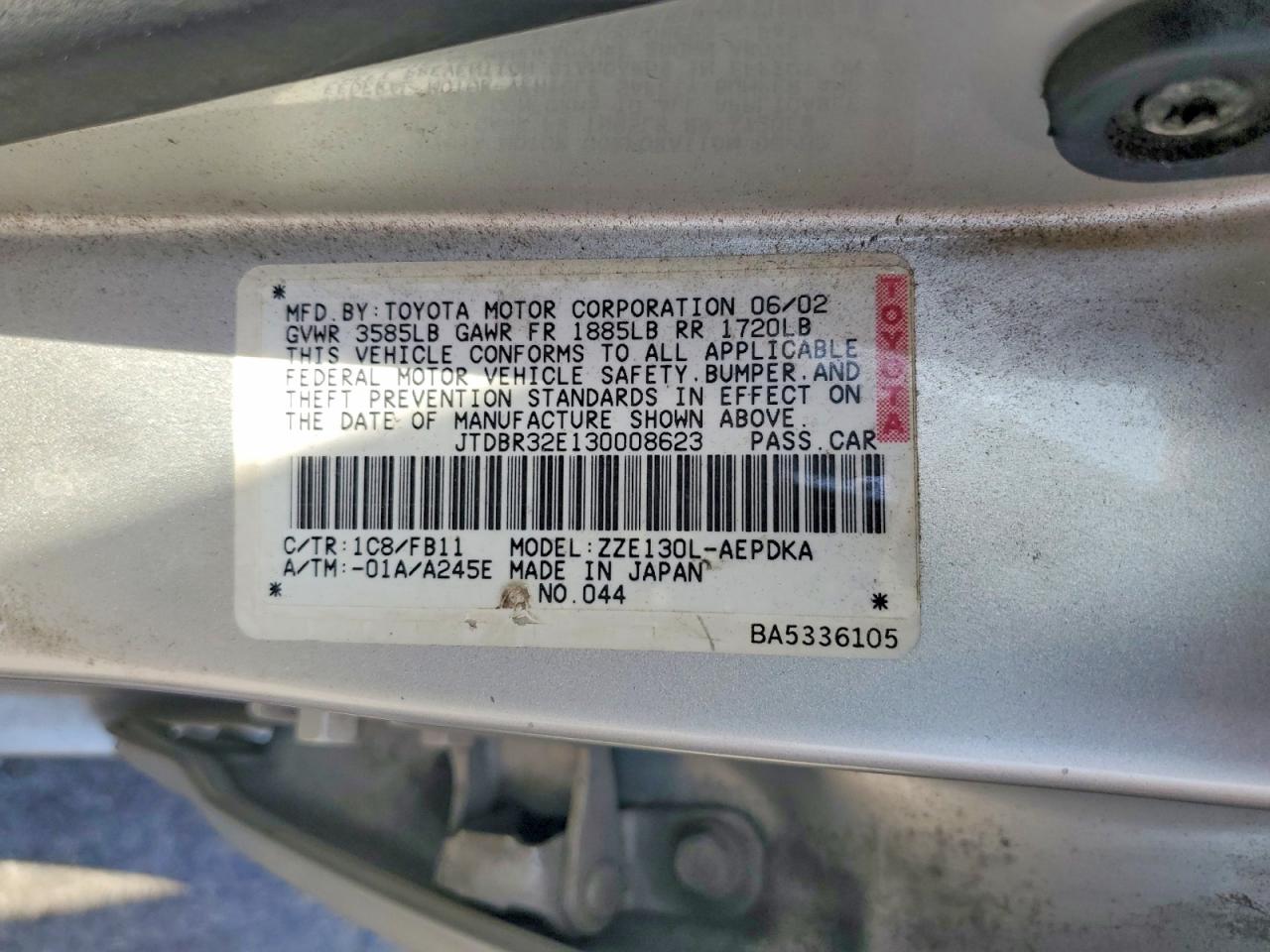 2003 Toyota Corolla Ce Silver vin: JTDBR32E130008623