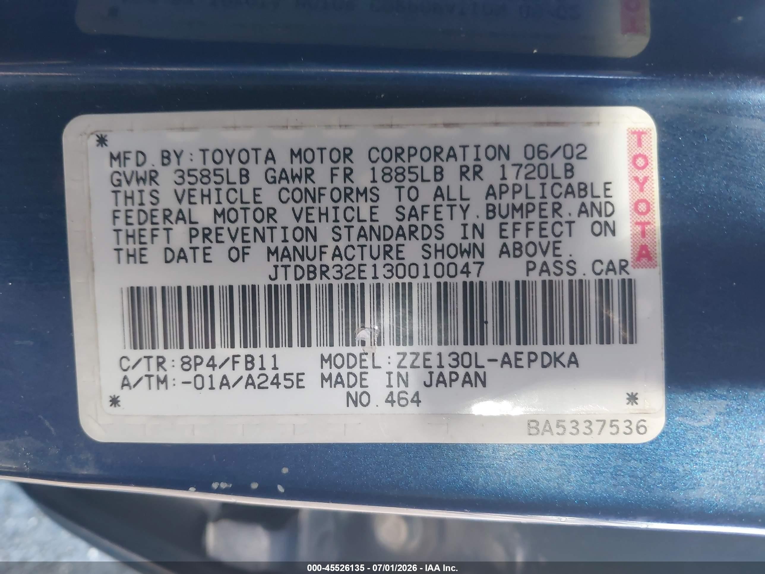 2003 Toyota Corolla Ce Blue vin: JTDBR32E130010047