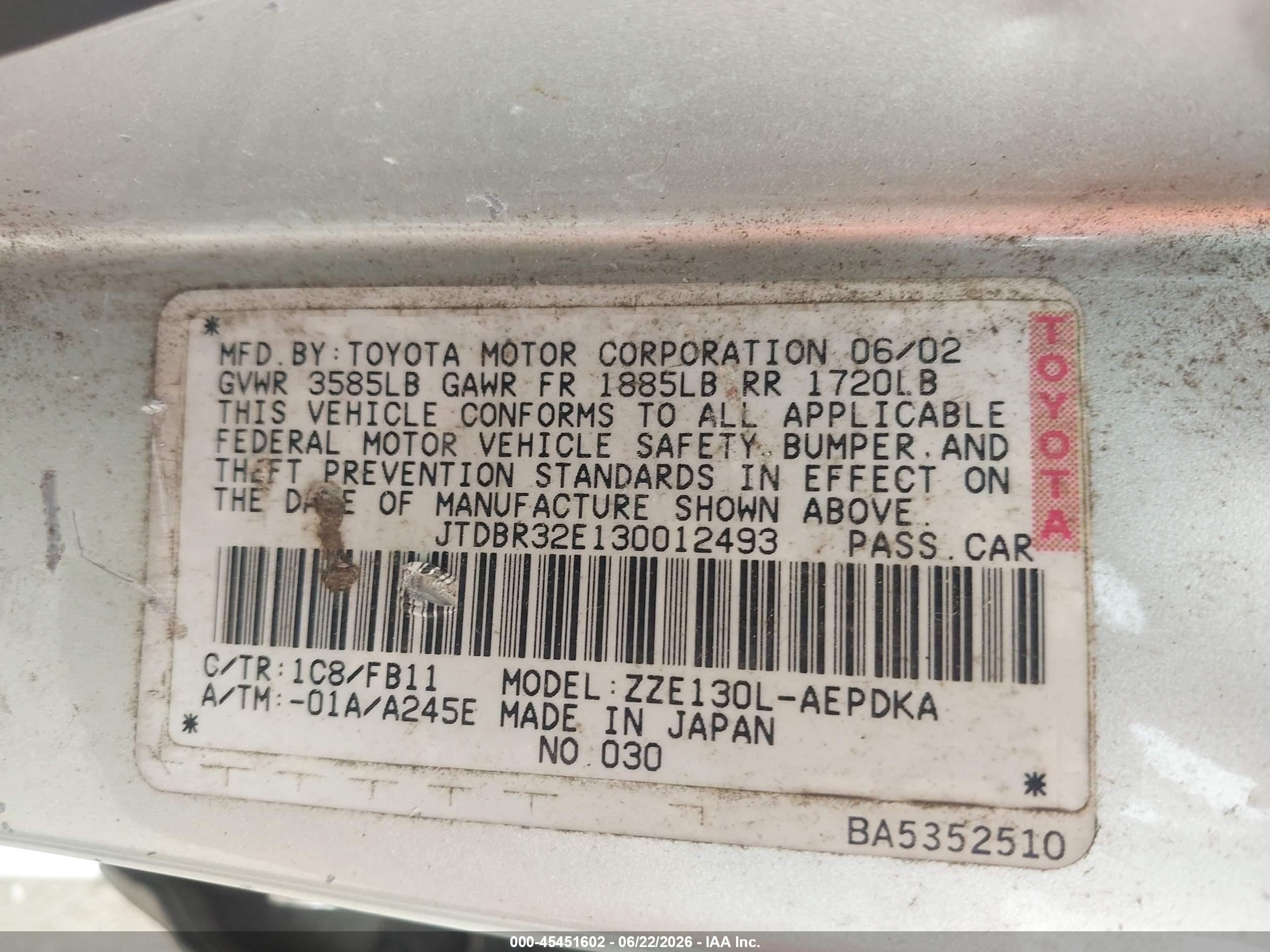 2003 Toyota Corolla Ce Silver vin: JTDBR32E130012493