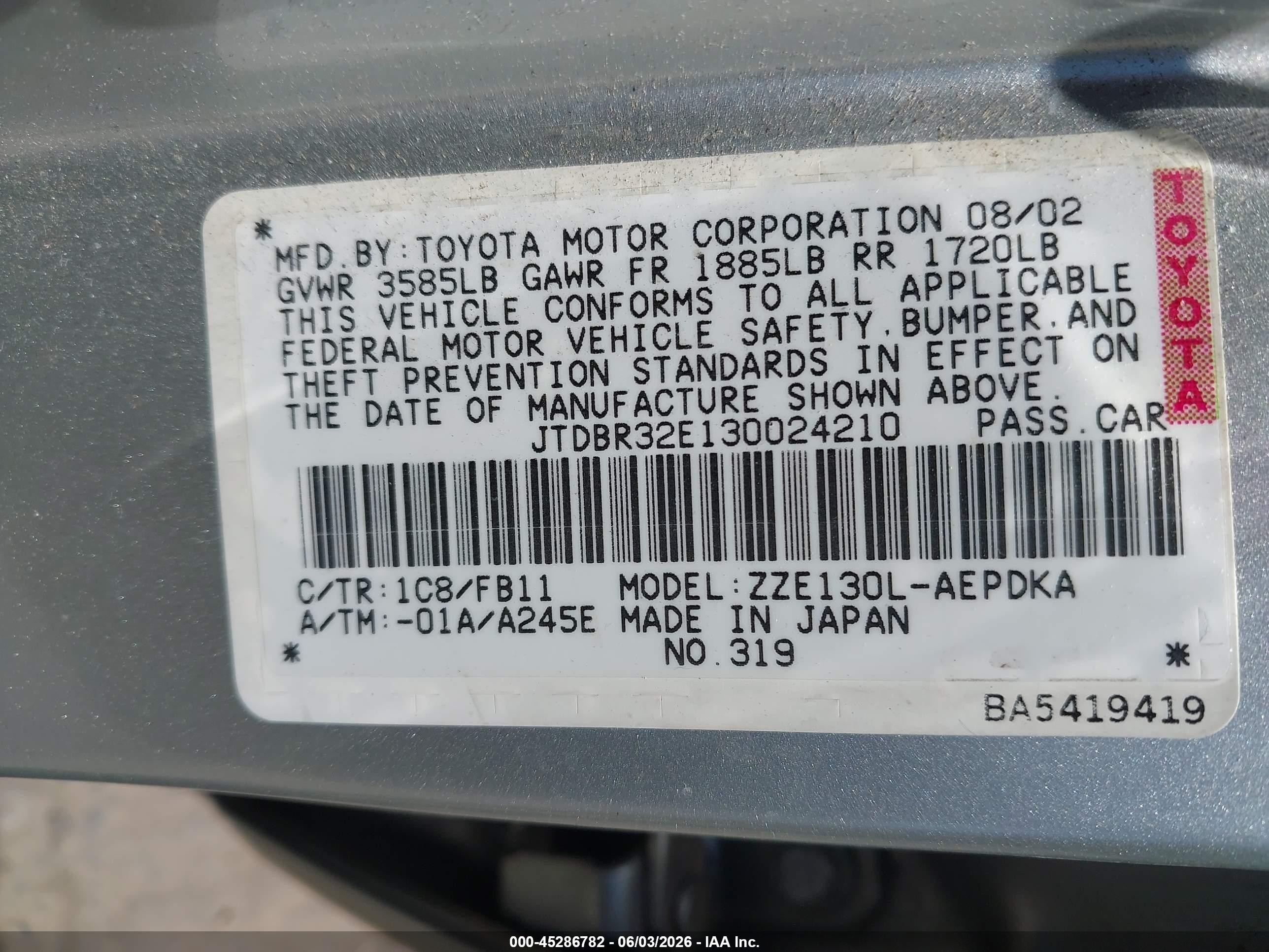 2003 Toyota Corolla Ce Gray vin: JTDBR32E130024210