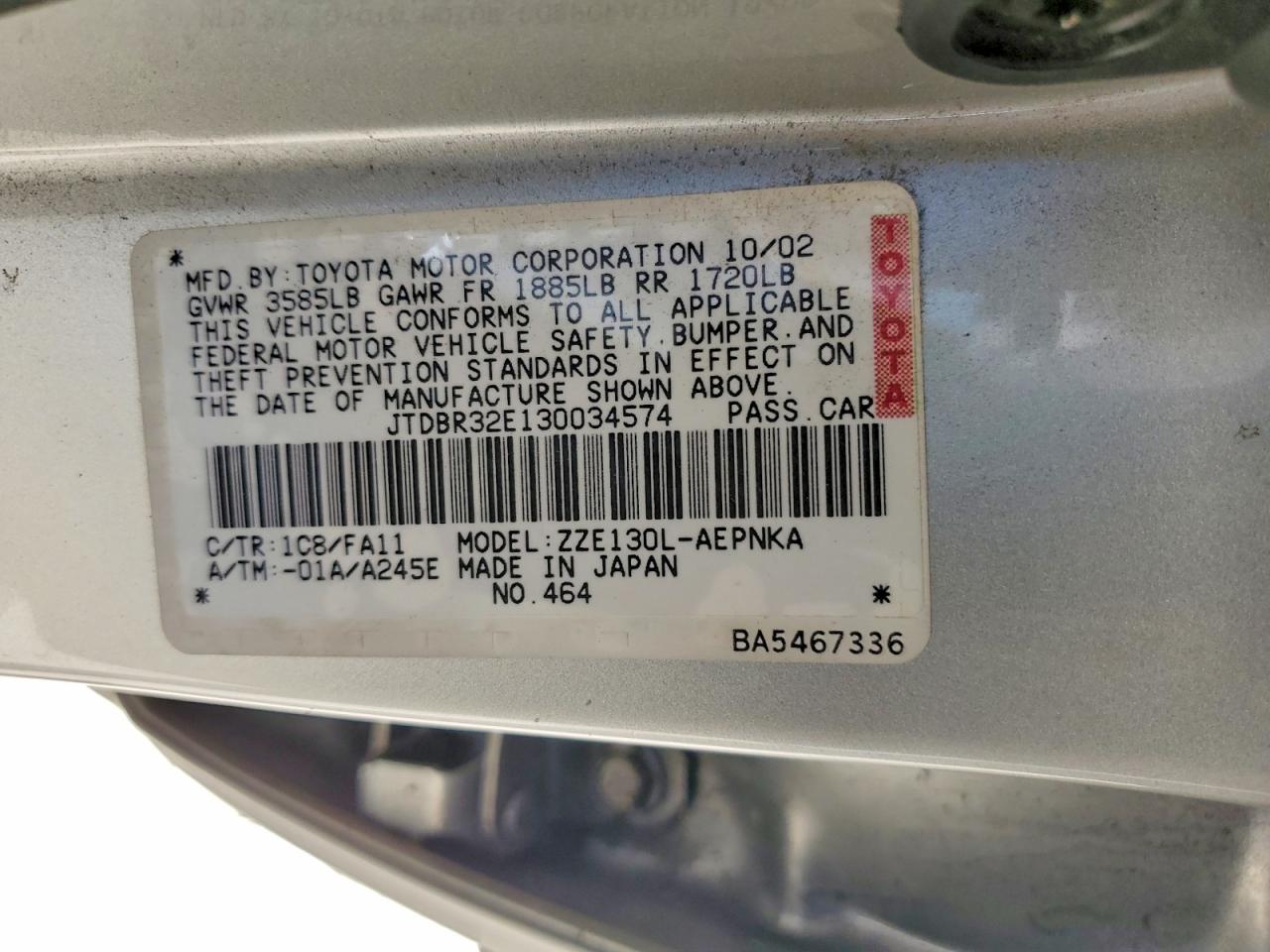 2003 Toyota Corolla Le Silver vin: JTDBR32E130034574
