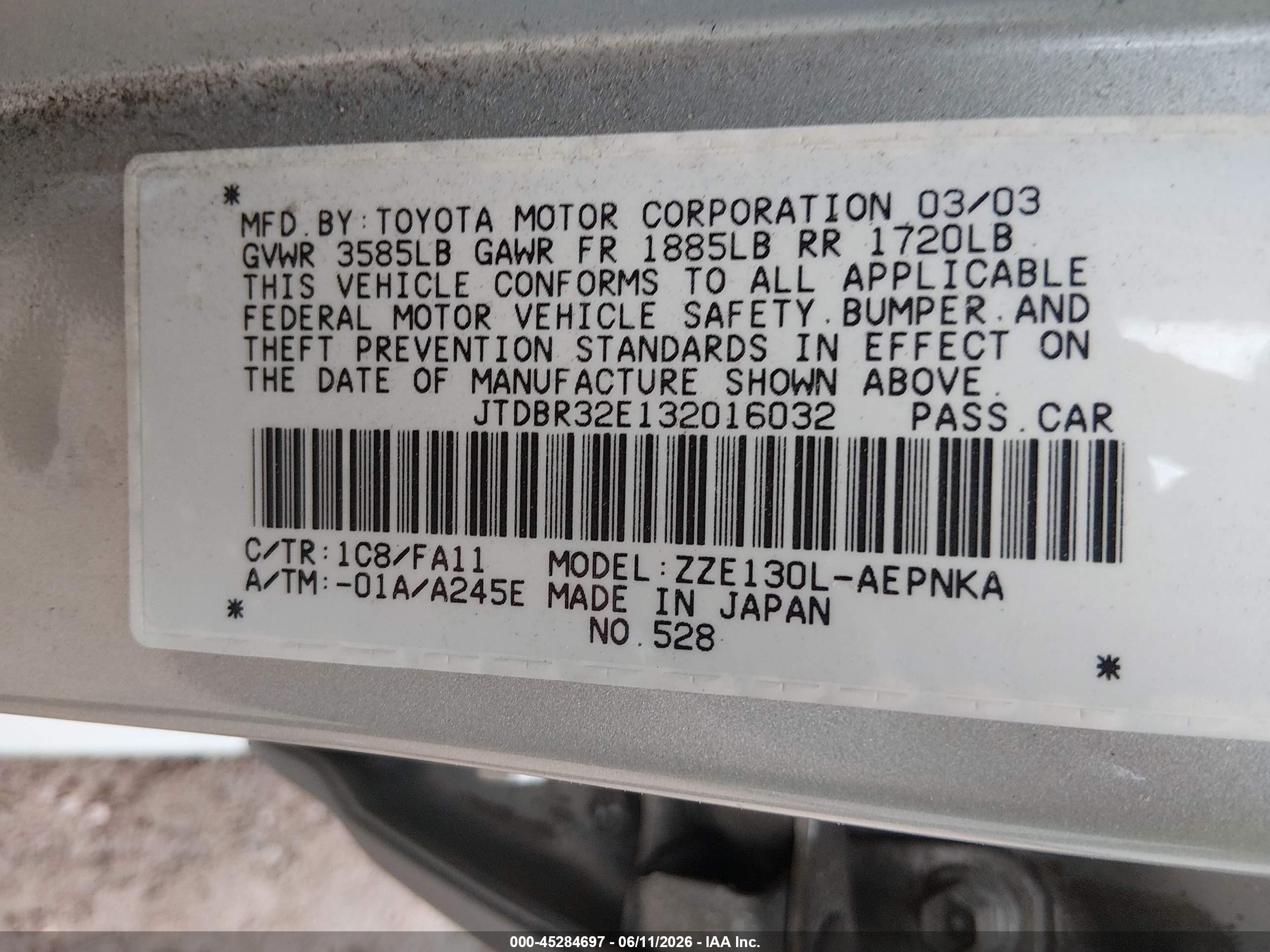 2003 Toyota Corolla Le Silver vin: JTDBR32E132016032