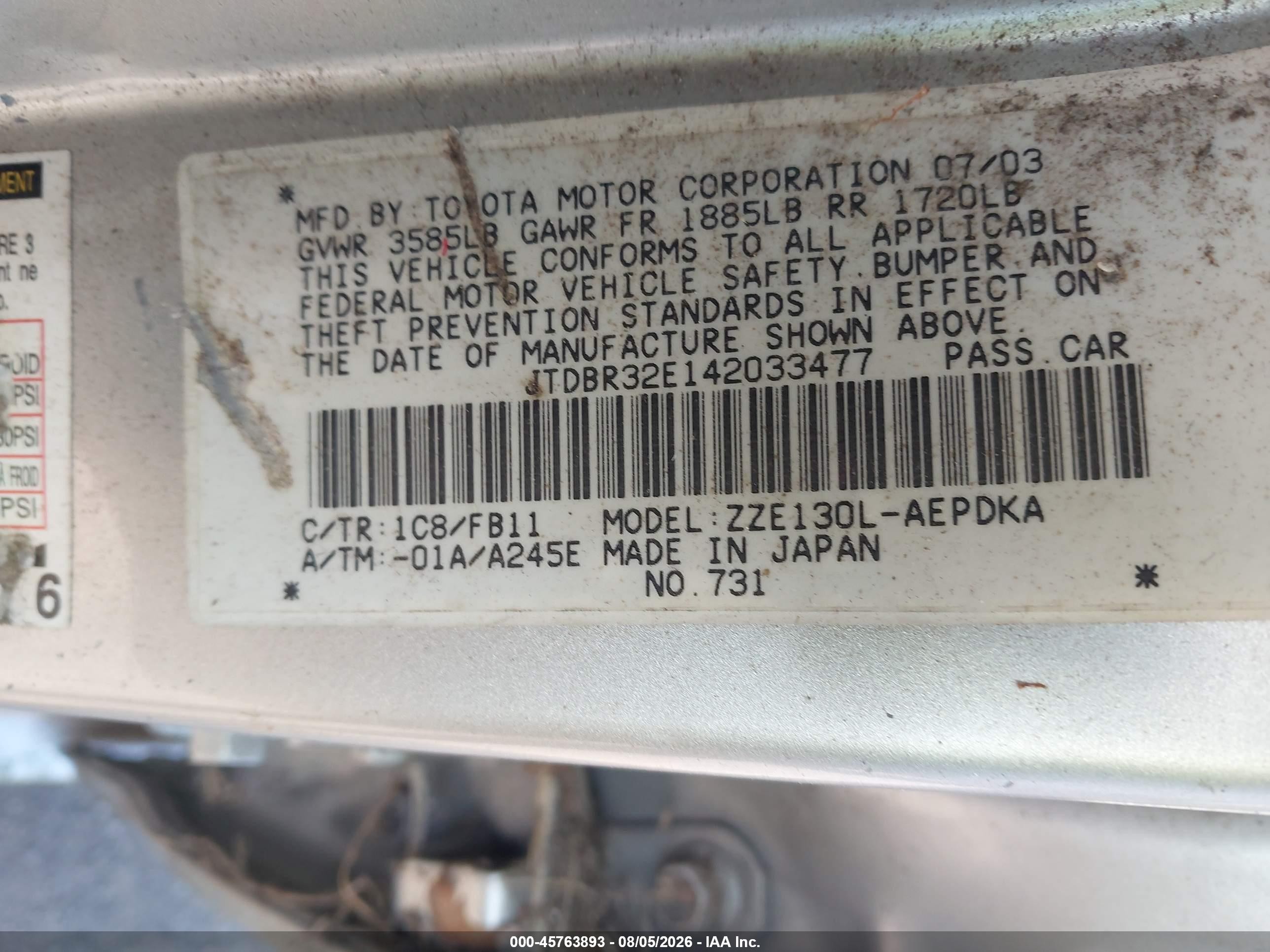 2004 Toyota Corolla Ce Silver vin: JTDBR32E142033477