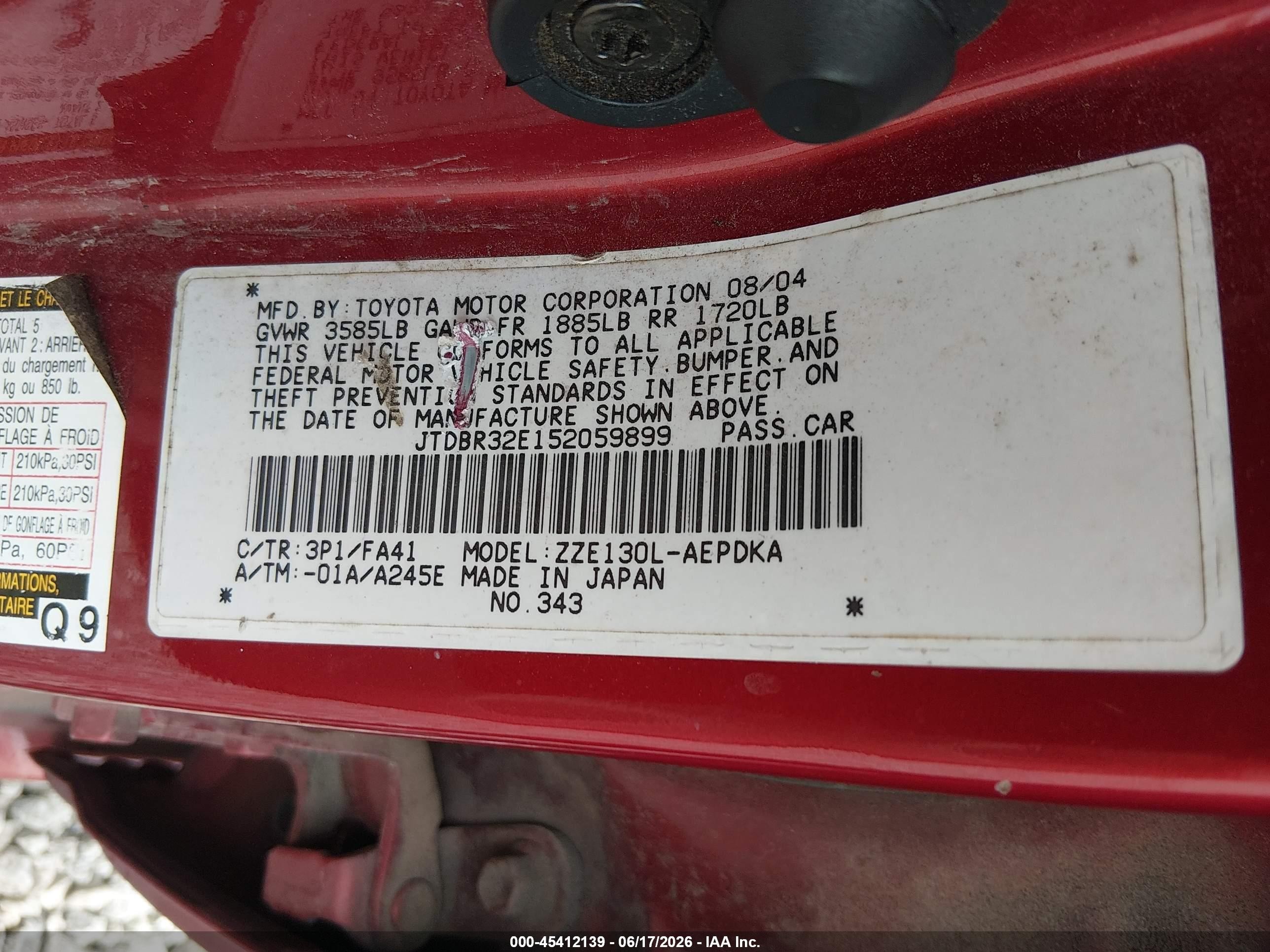 2005 Toyota Corolla Ce Red vin: JTDBR32E152059899