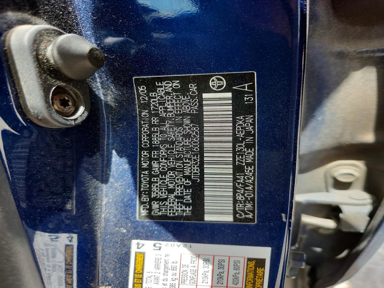 2006 Toyota Corolla Ce Blue vin: JTDBR32E160062587