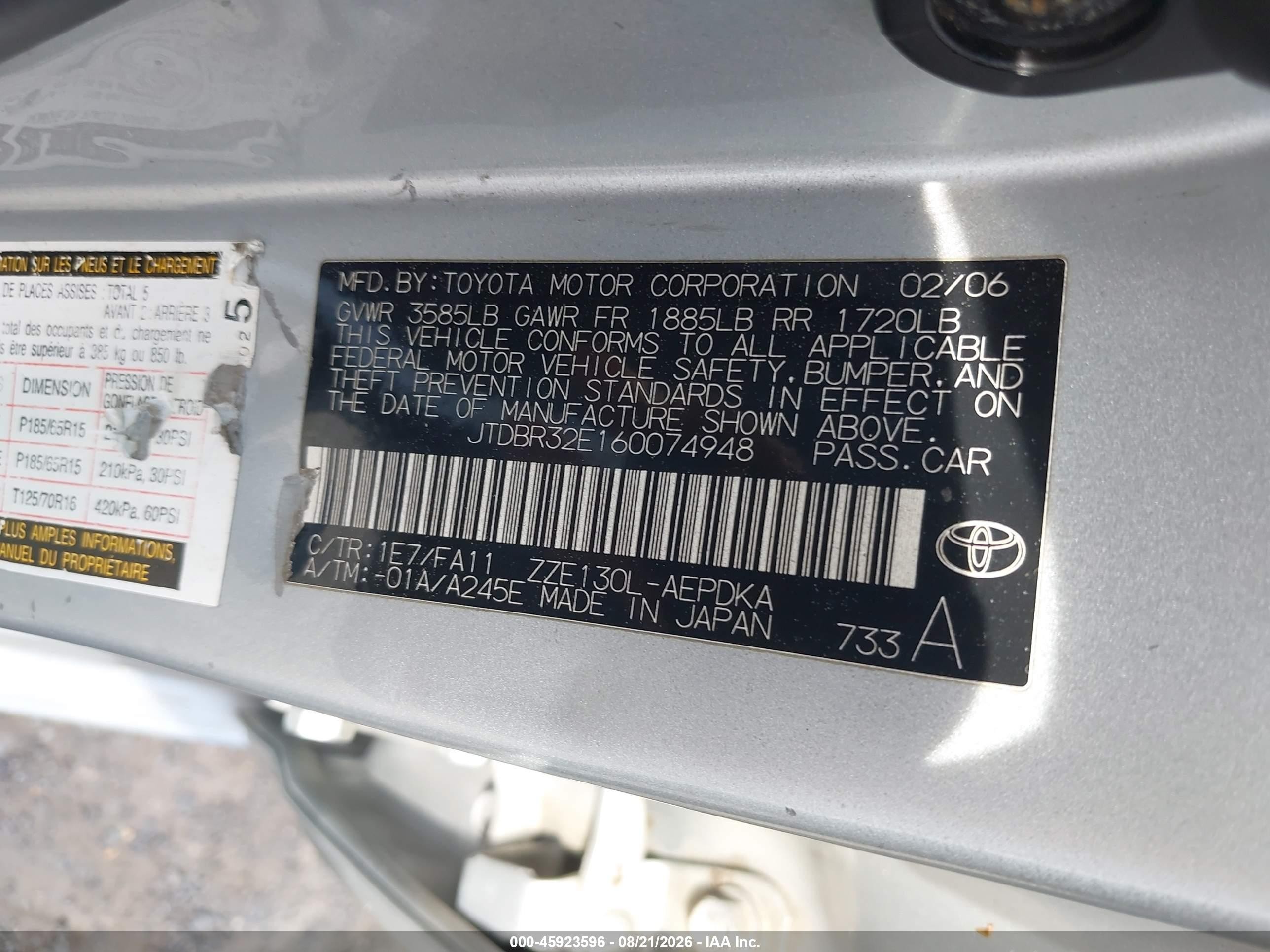 2006 Toyota Corolla Ce Silver vin: JTDBR32E160074948