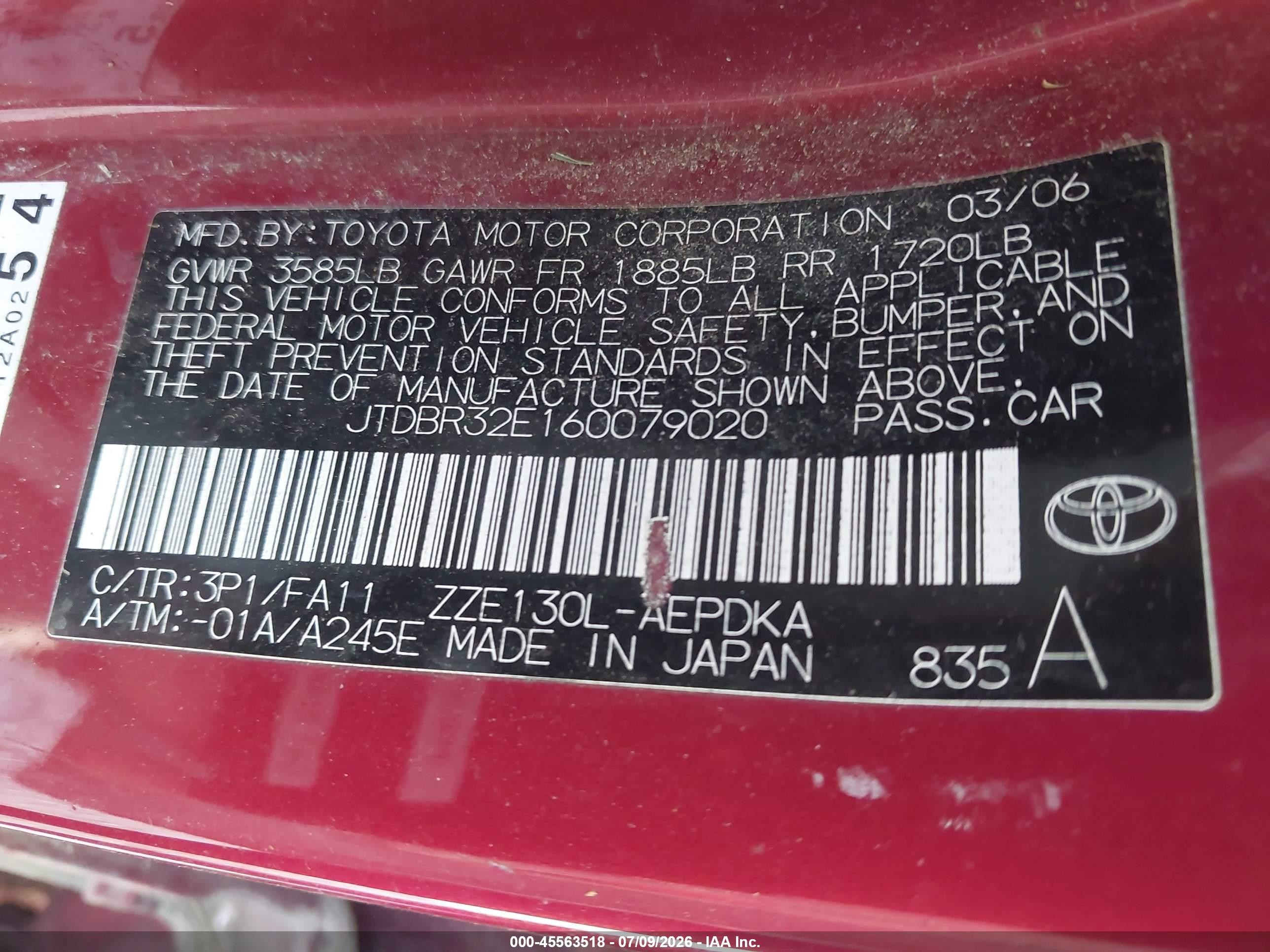 2006 Toyota Corolla Ce Red vin: JTDBR32E160079020