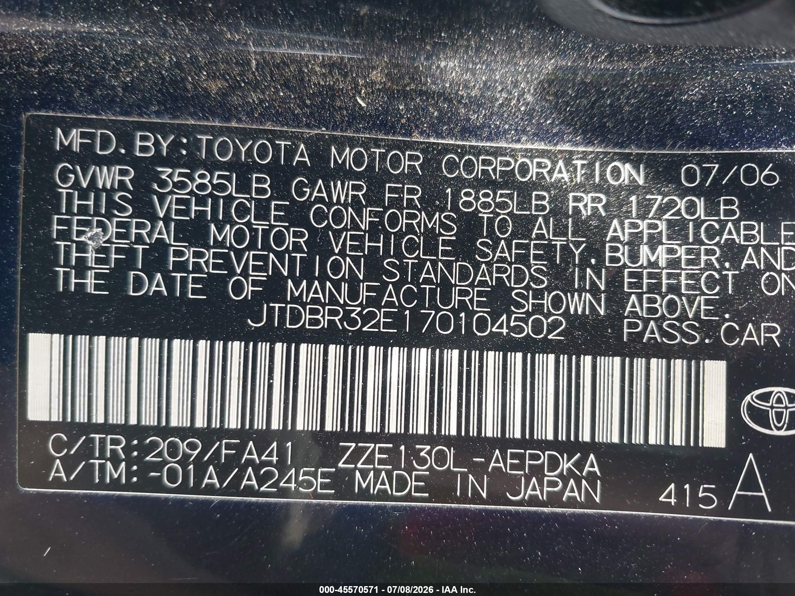 2007 Toyota Corolla Ce Black vin: JTDBR32E170104502