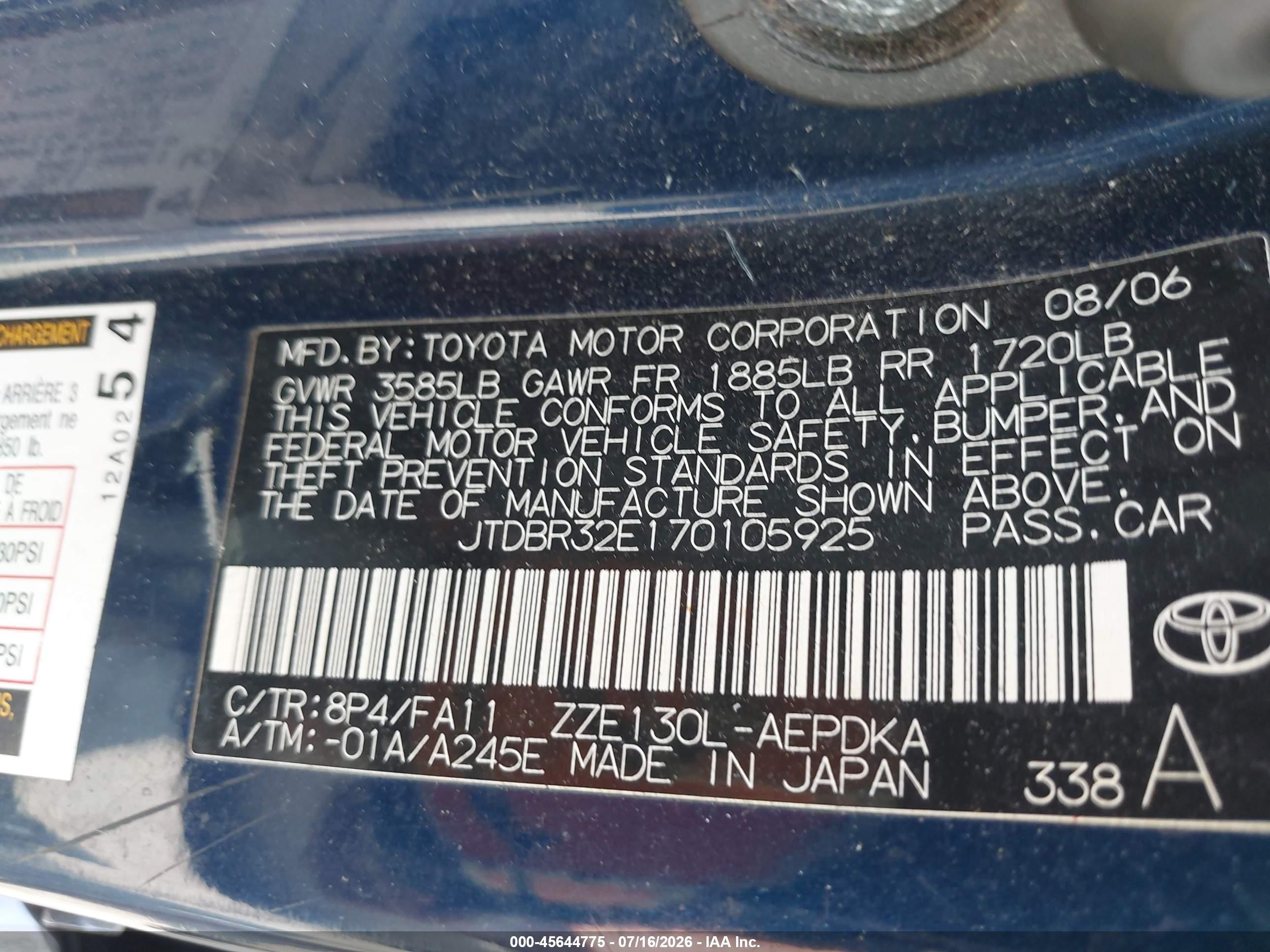 2007 Toyota Corolla Ce Blue vin: JTDBR32E170105925