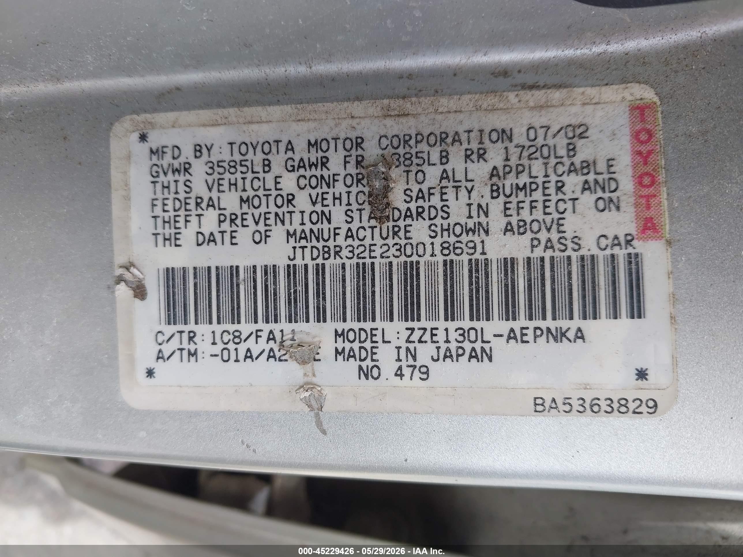 2003 Toyota Corolla Le Gray vin: JTDBR32E230018691