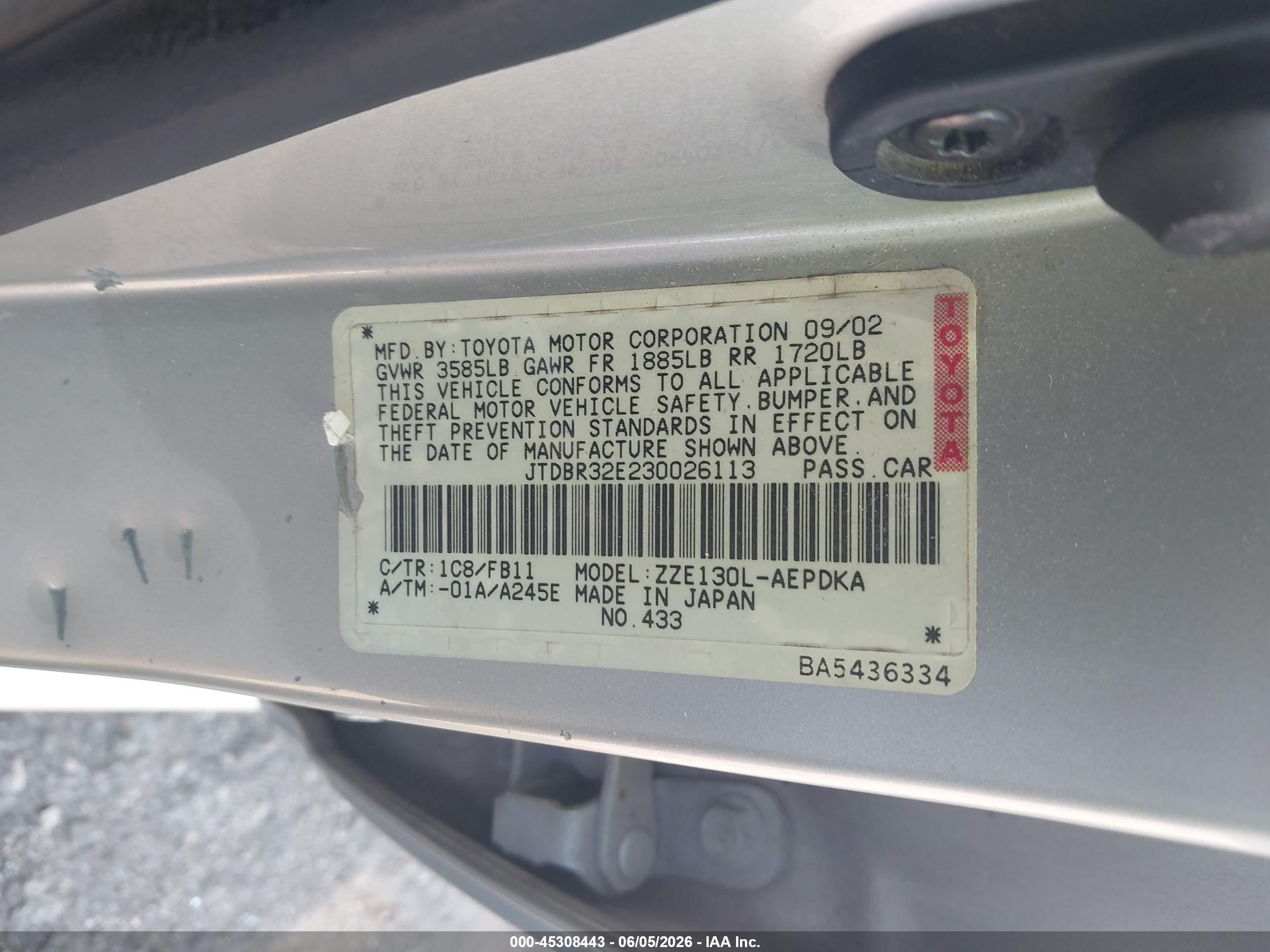 2003 Toyota Corolla Ce Silver vin: JTDBR32E230026113