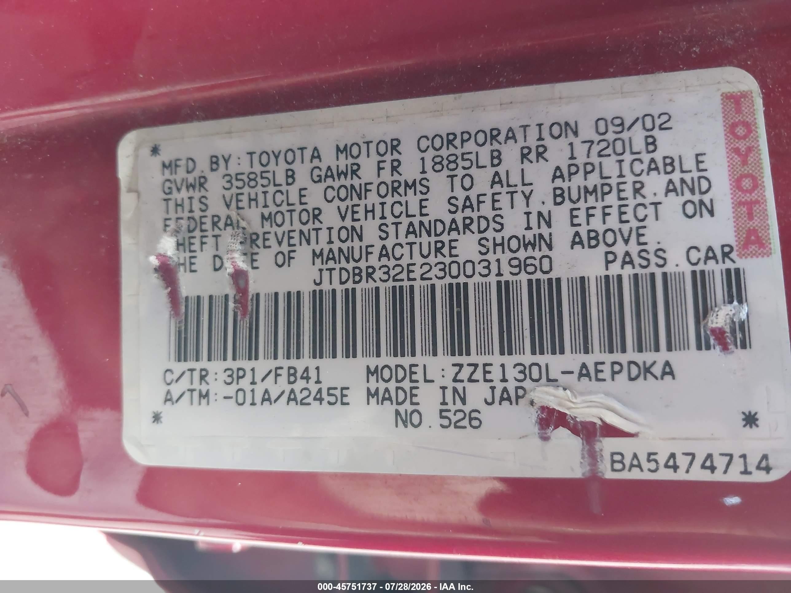 2003 Toyota Corolla Ce Red vin: JTDBR32E230031960