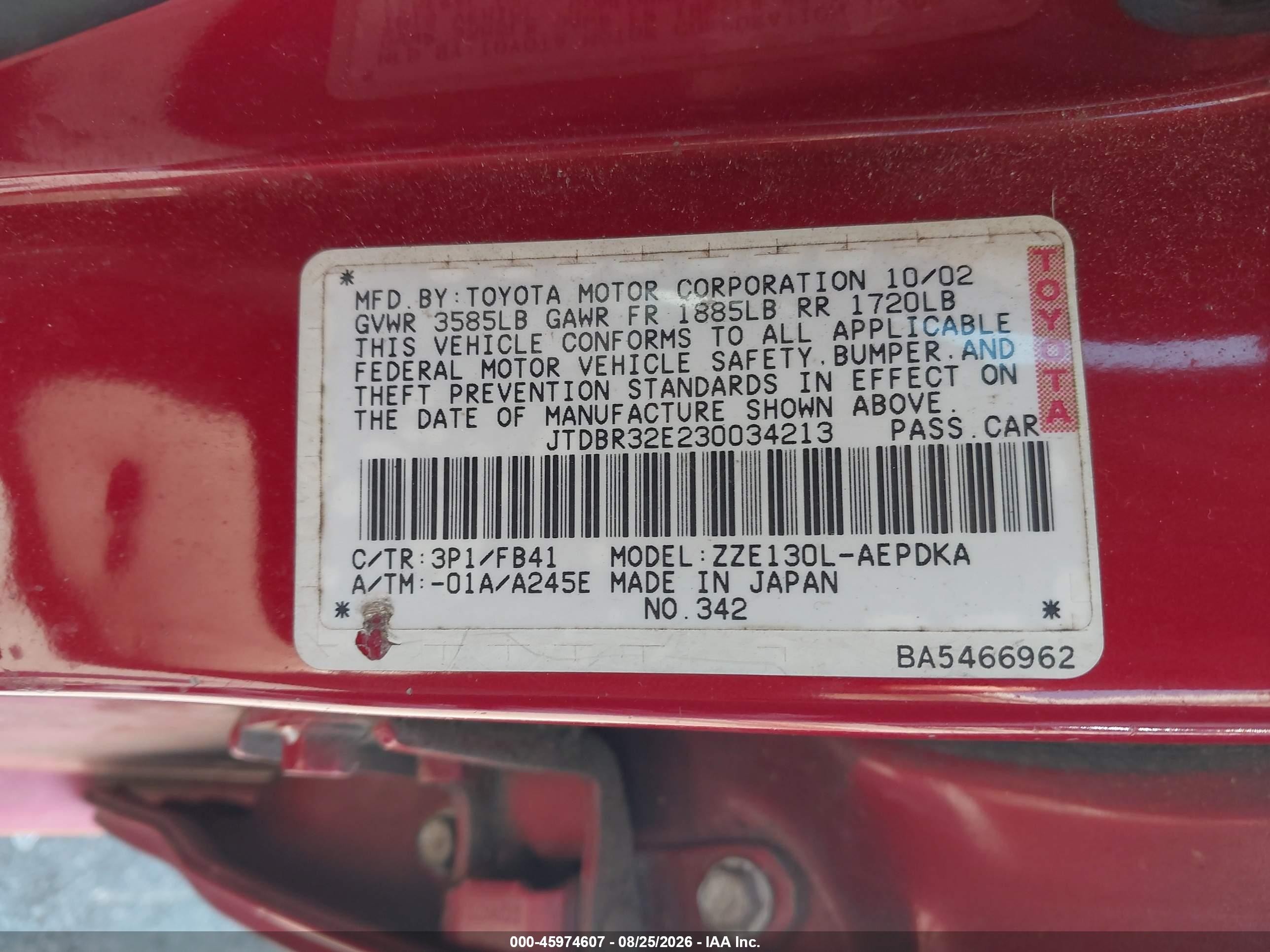 2003 Toyota Corolla Ce Red vin: JTDBR32E230034213