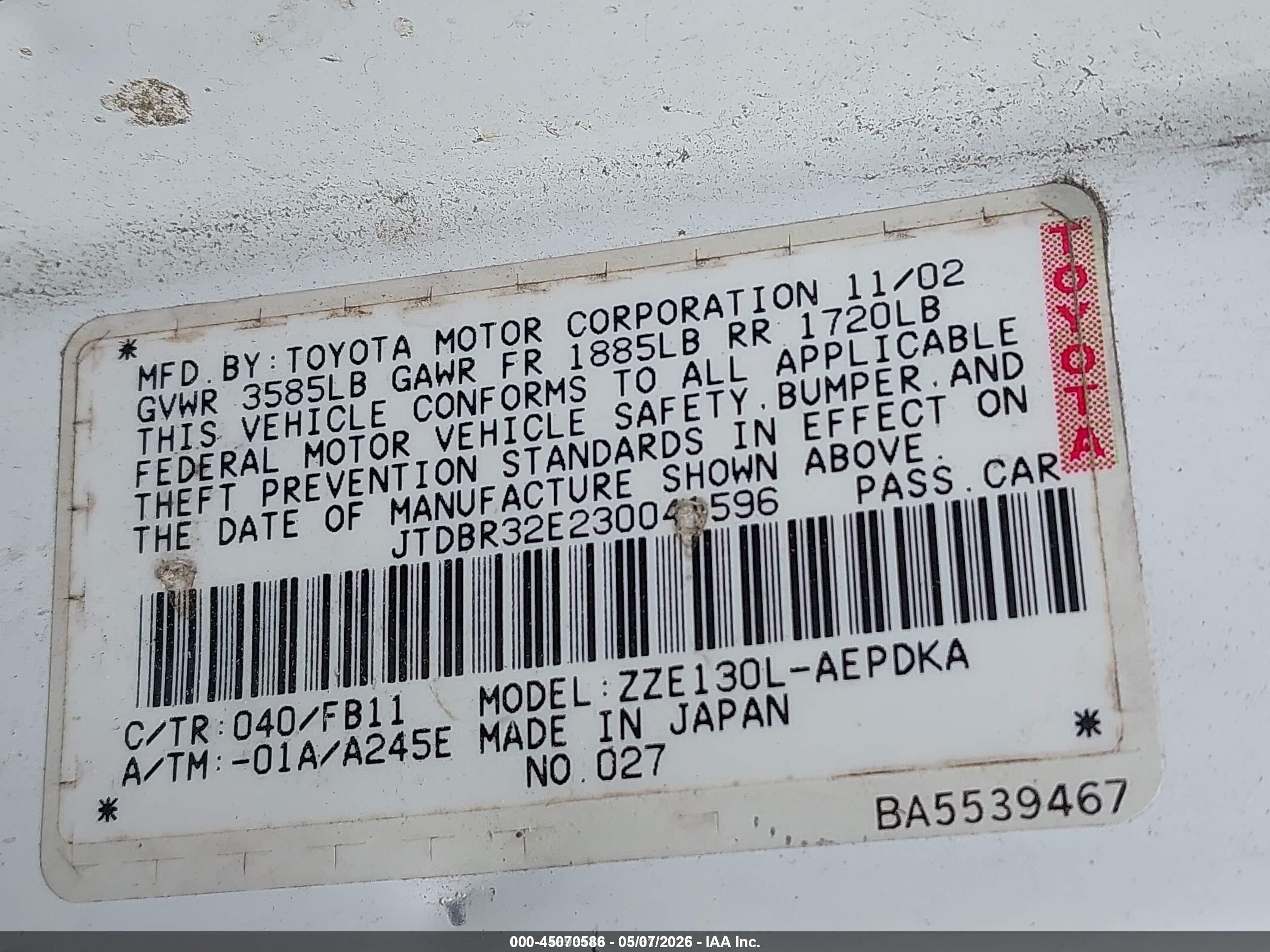 2003 Toyota Corolla Ce White vin: JTDBR32E230041596