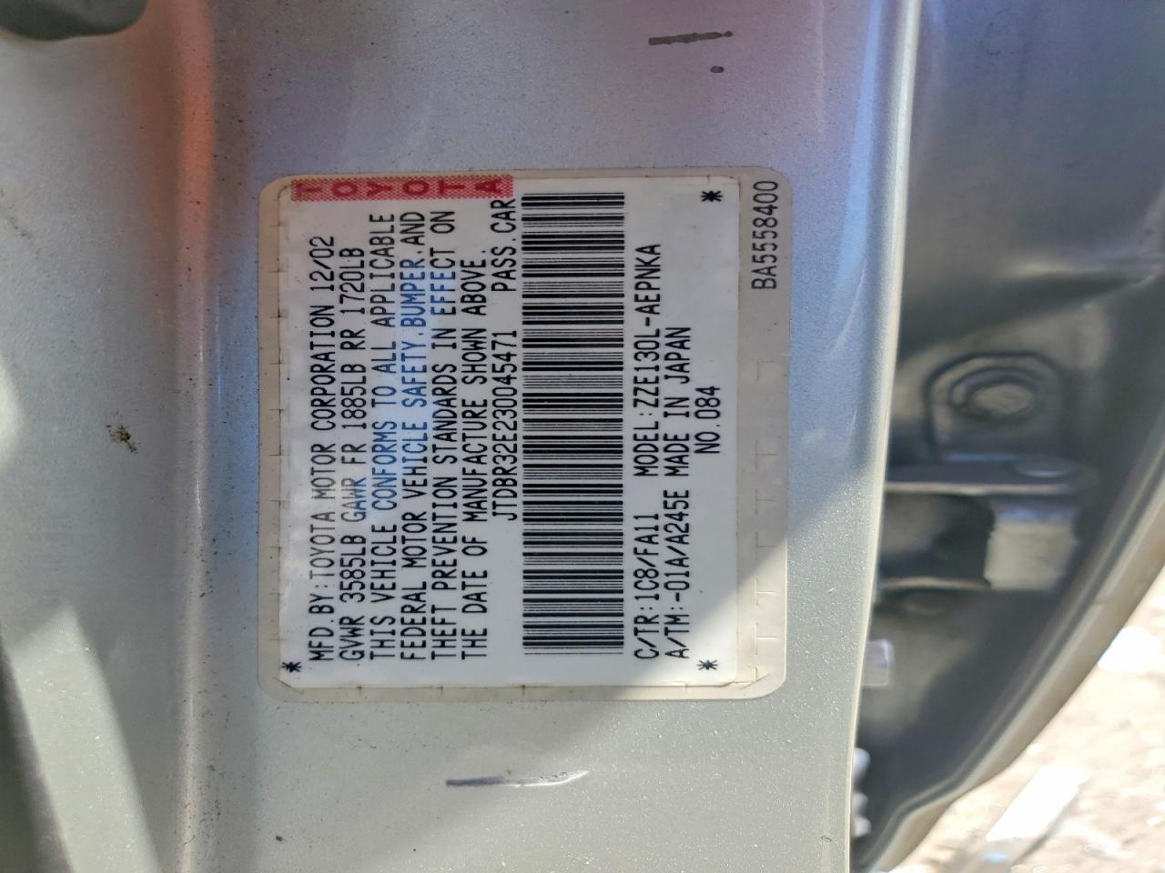 2003 Toyota Corolla Le Silver vin: JTDBR32E230045471
