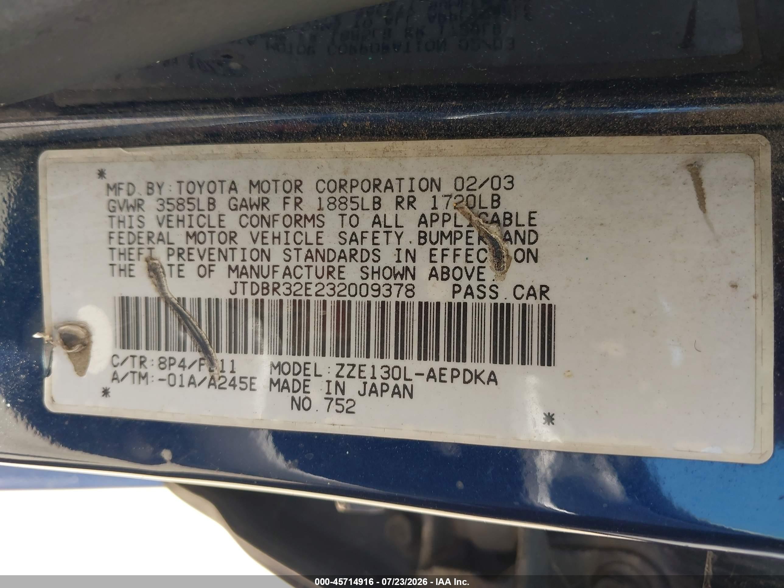 2003 Toyota Corolla Ce Blue vin: JTDBR32E232009378