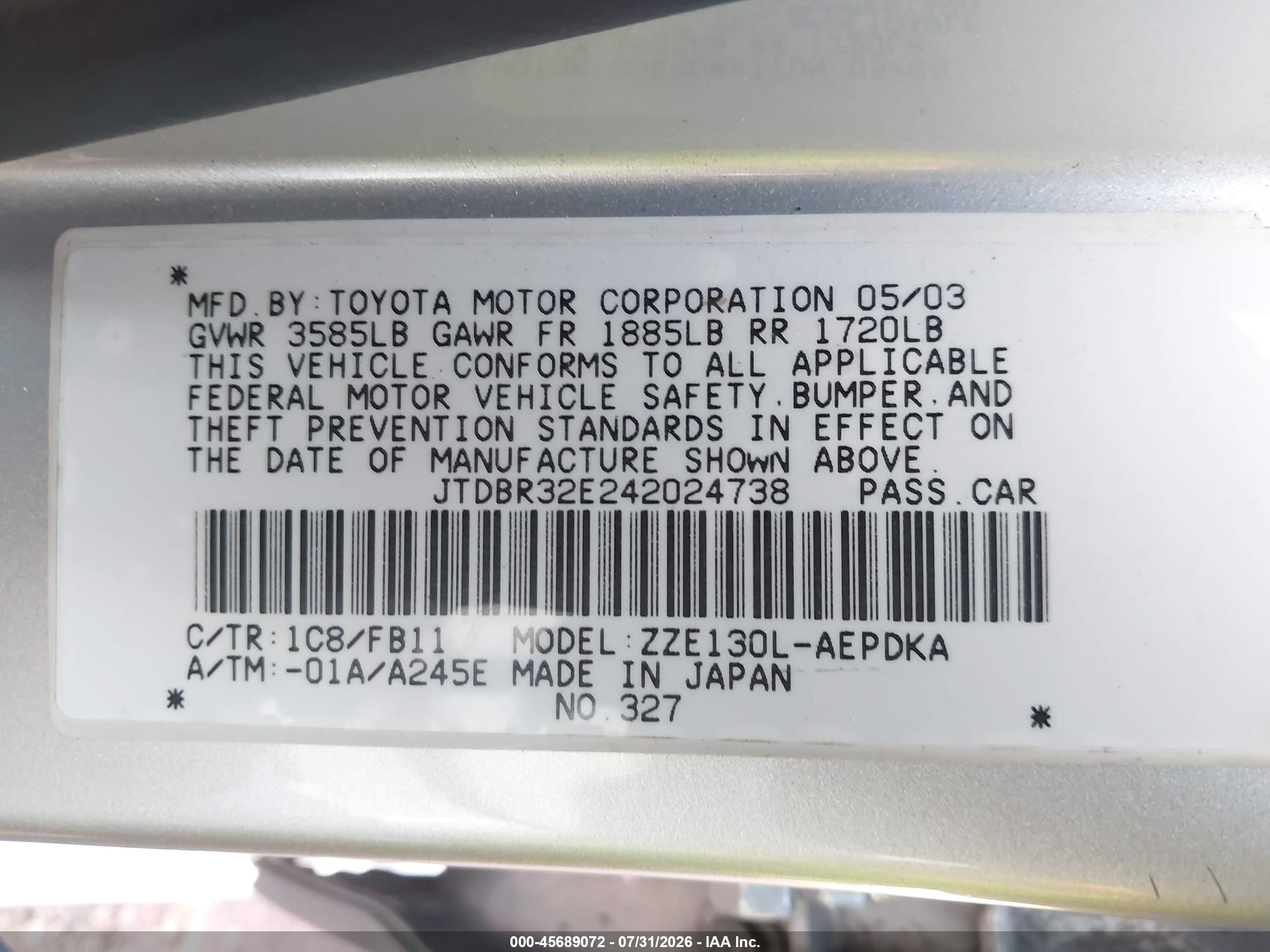 2004 Toyota Corolla Ce Silver vin: JTDBR32E242024738