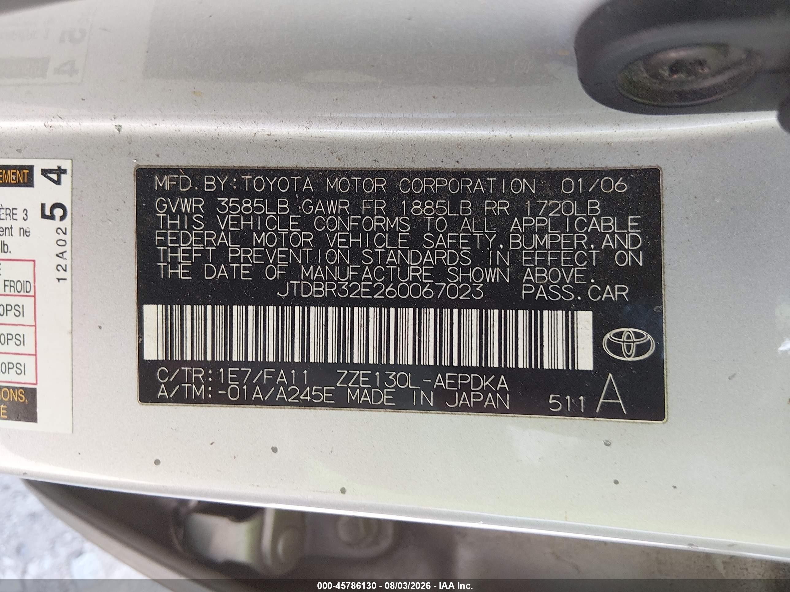 2006 Toyota Corolla Ce Silver vin: JTDBR32E260067023