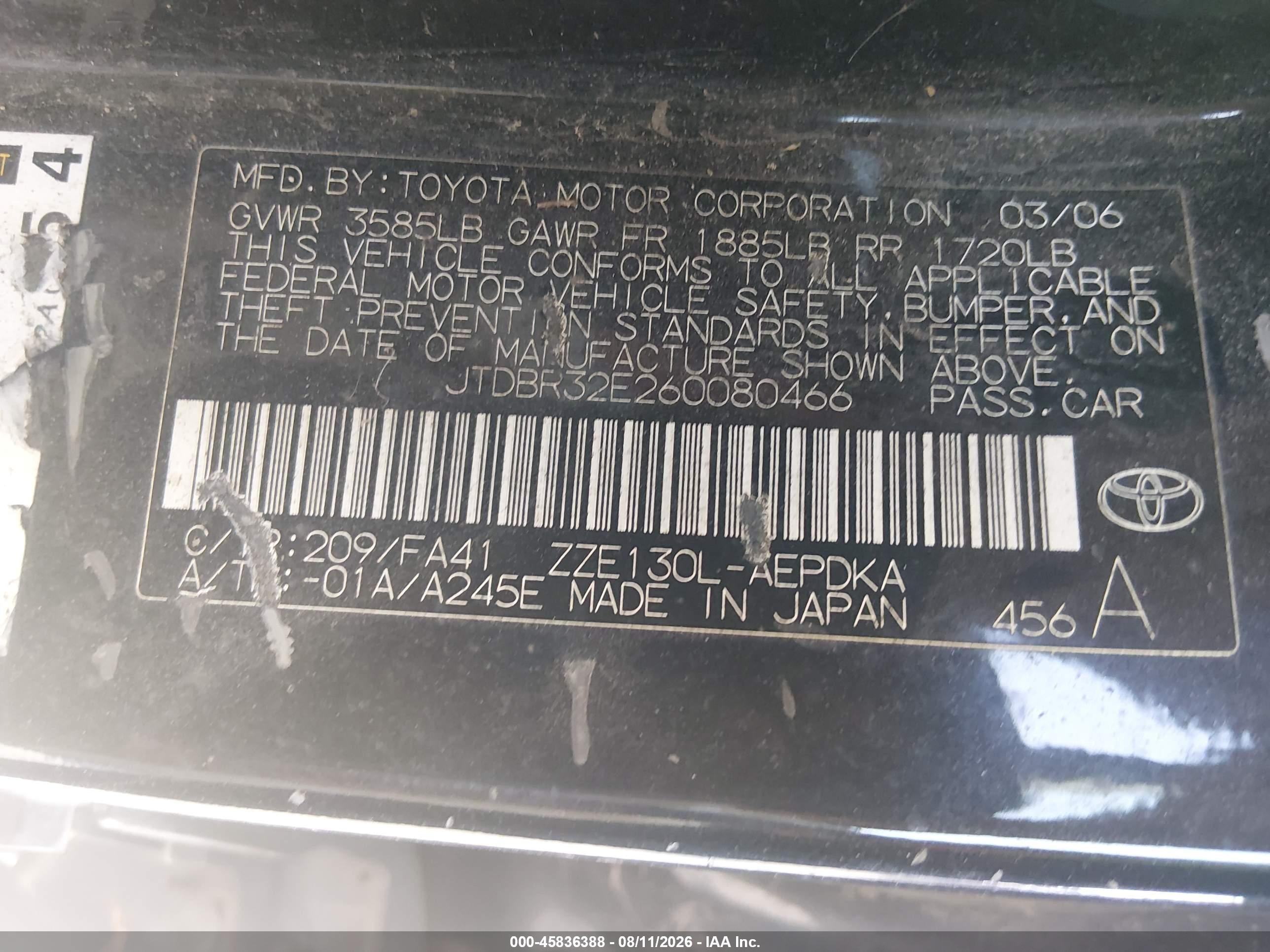 2006 Toyota Corolla Ce Black vin: JTDBR32E260080466