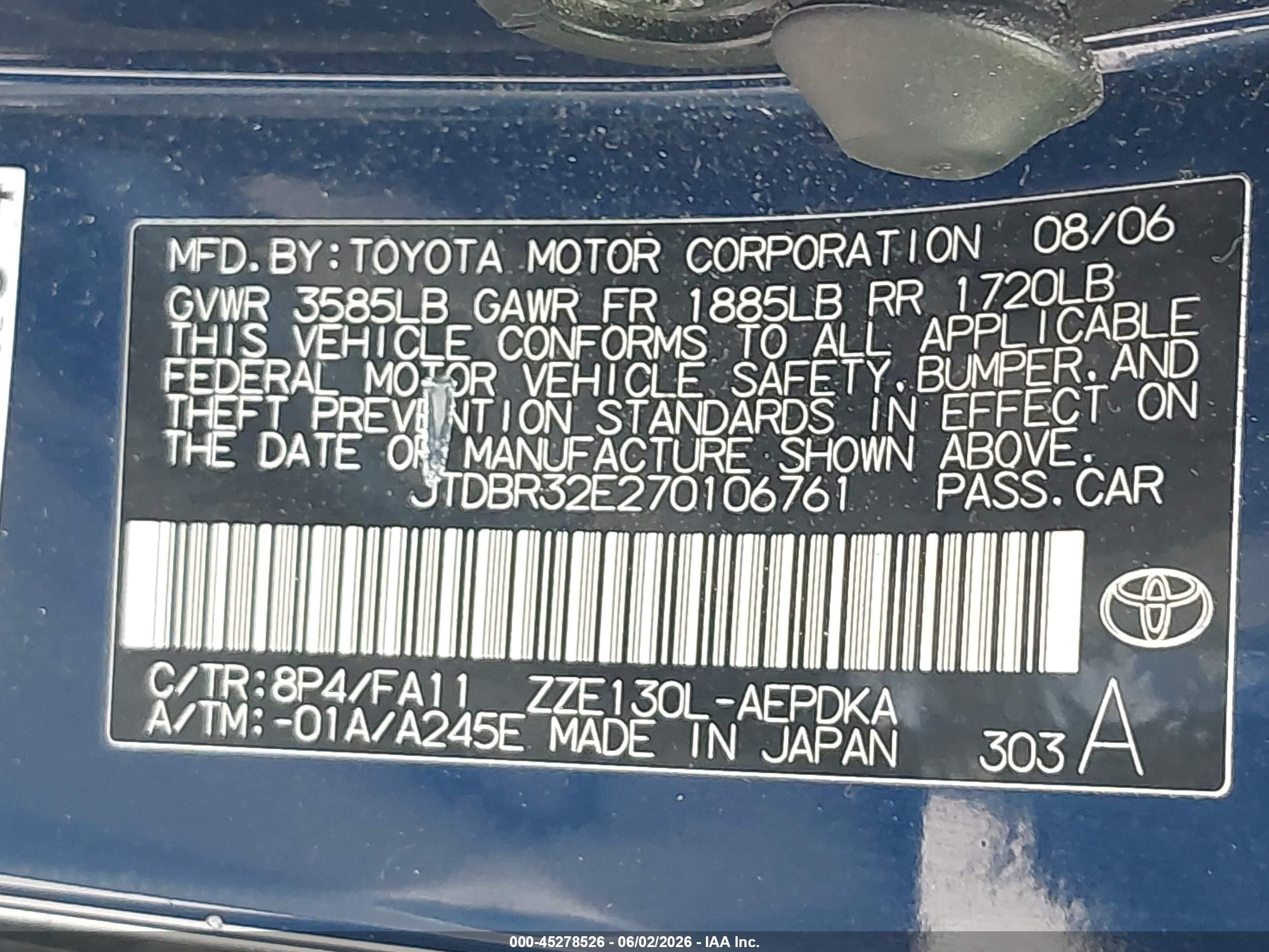 2007 Toyota Corolla Ce Blue vin: JTDBR32E270106761
