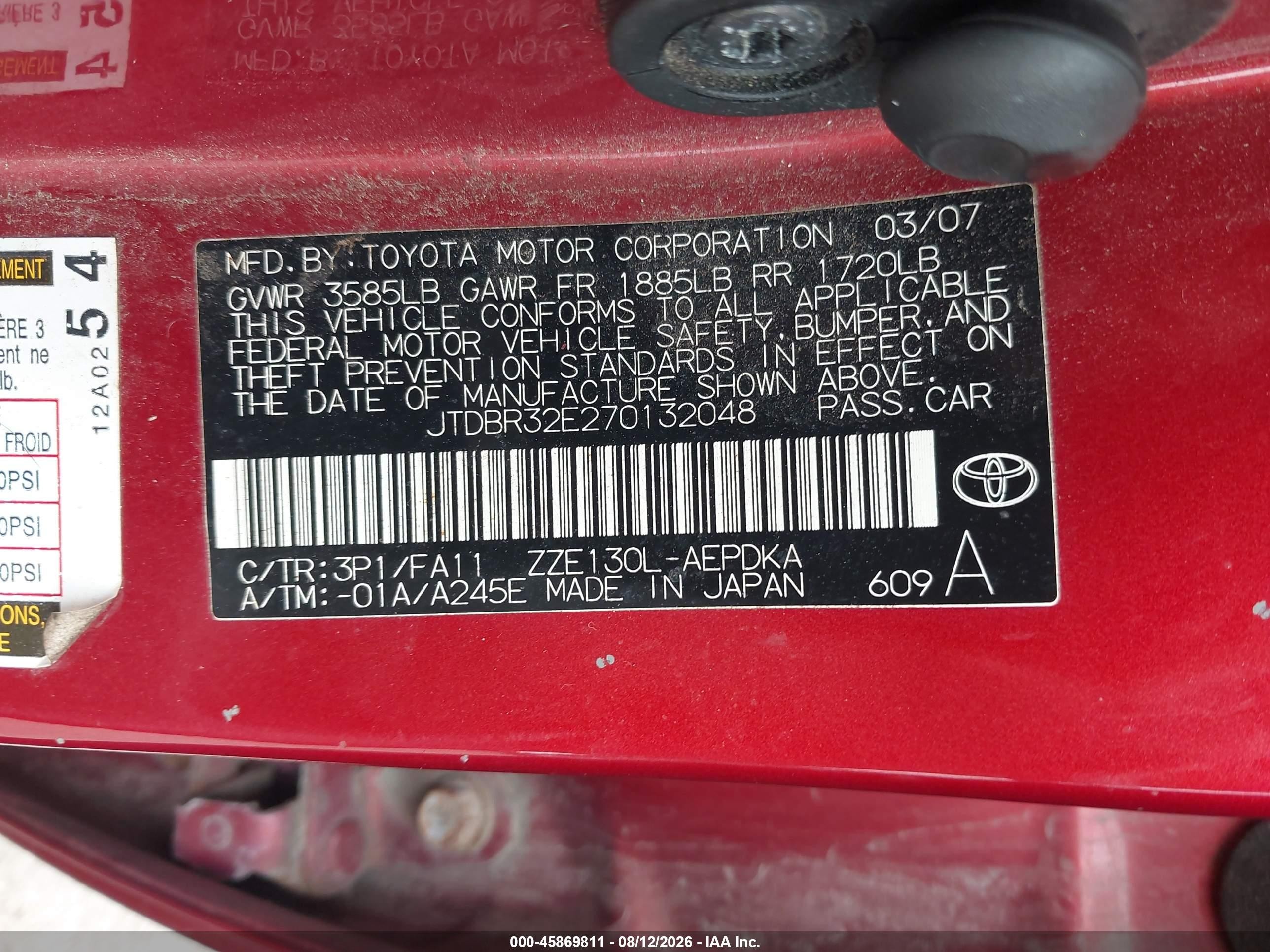 2007 Toyota Corolla Ce Красный vin: JTDBR32E270132048