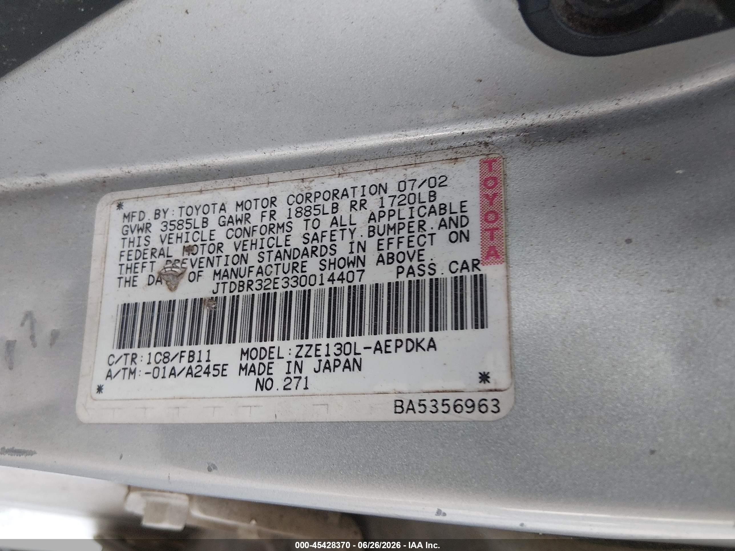 2003 Toyota Corolla Ce Silver vin: JTDBR32E330014407