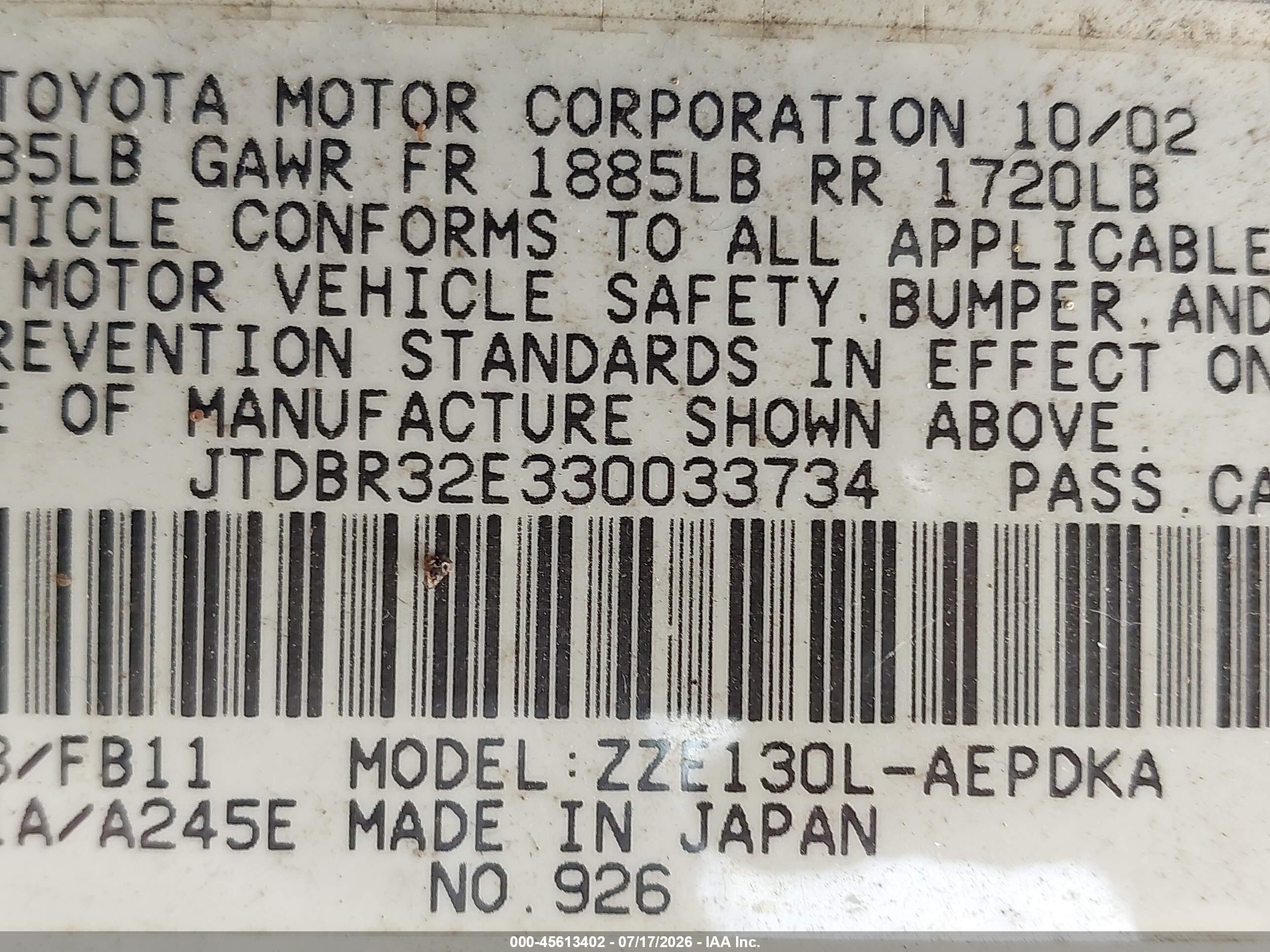 2003 Toyota Corolla Ce Silver vin: JTDBR32E330033734