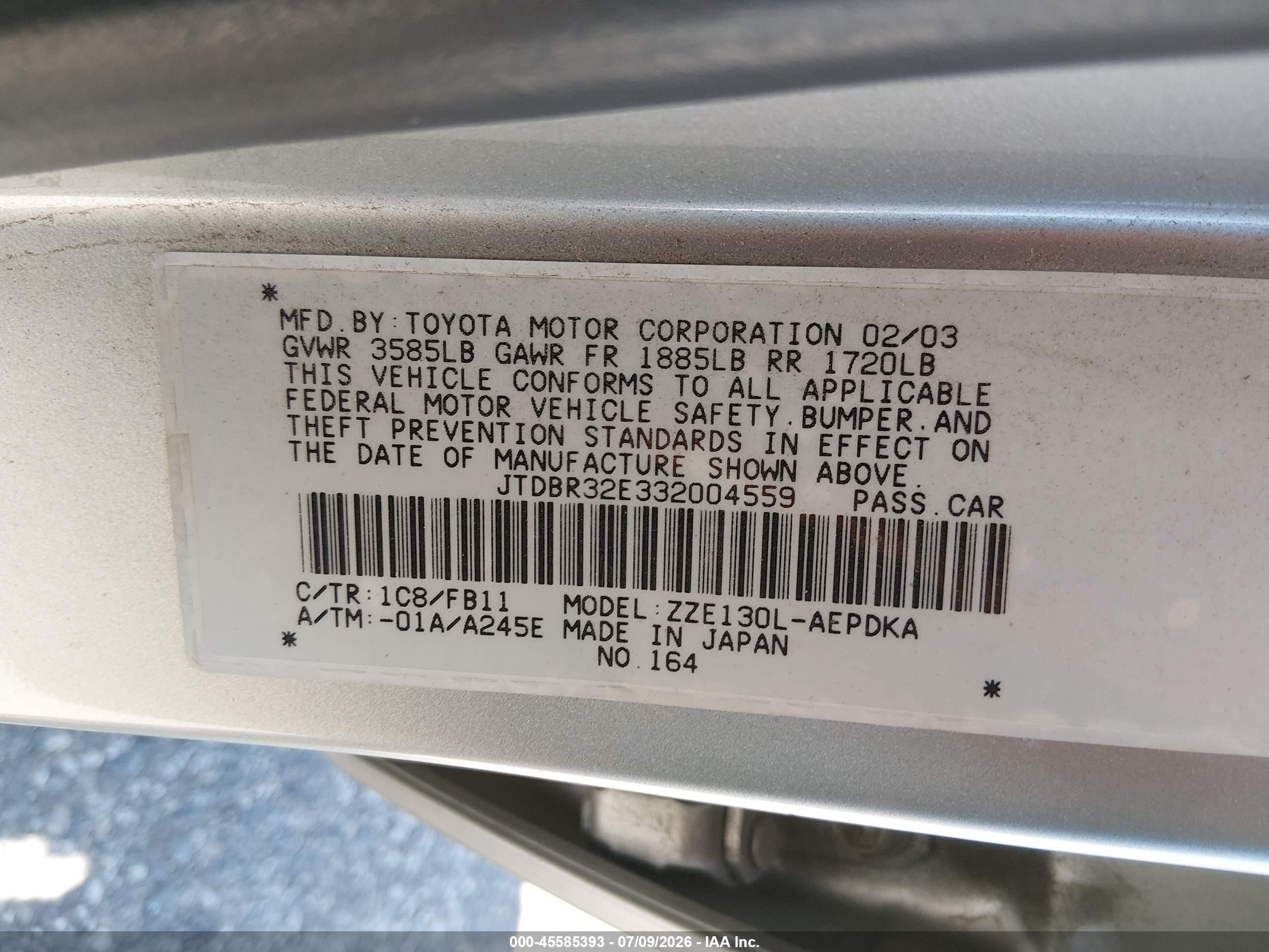 2003 Toyota Corolla Ce Silver vin: JTDBR32E332004559