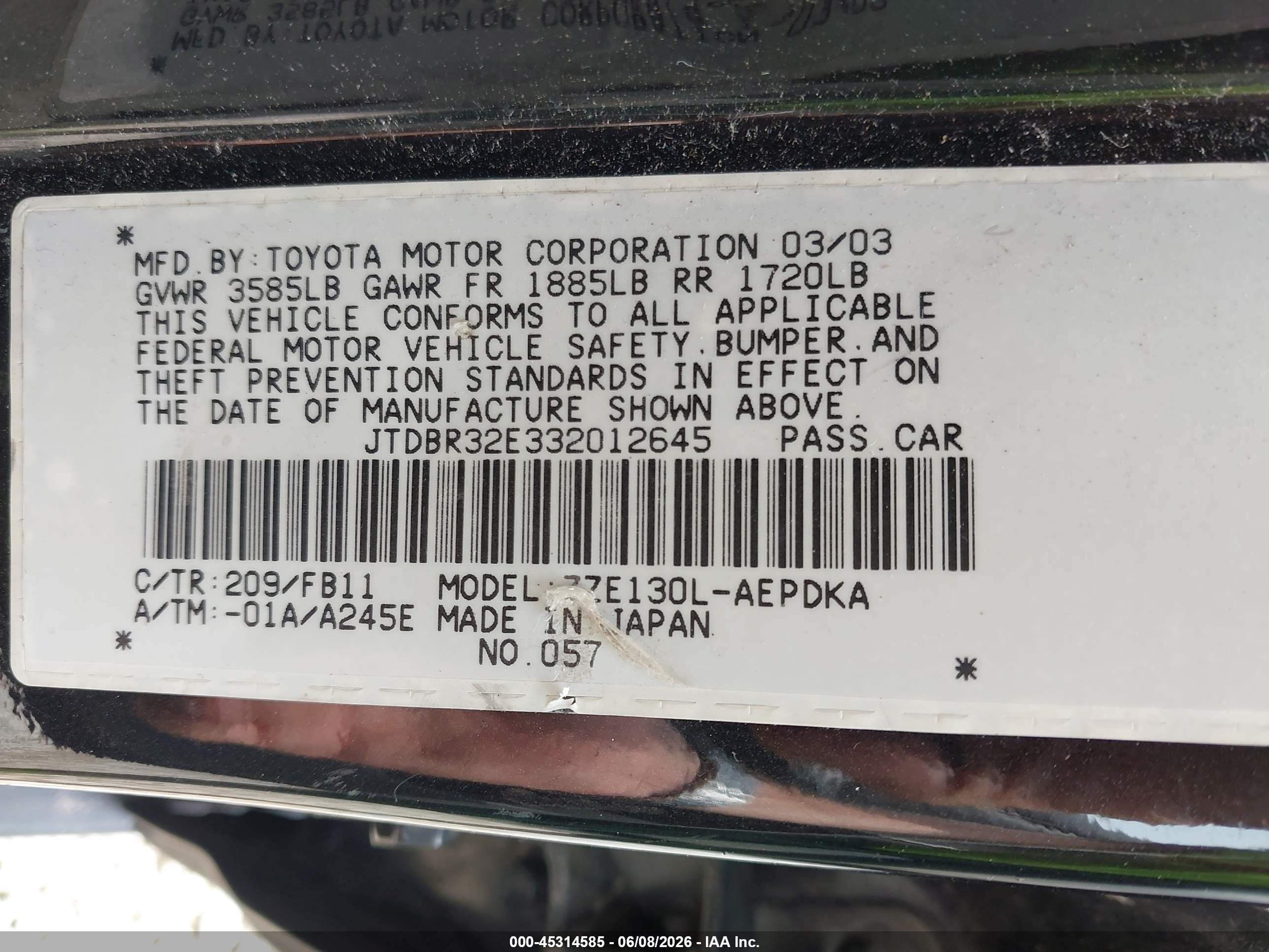 2003 Toyota Corolla Ce Black vin: JTDBR32E332012645