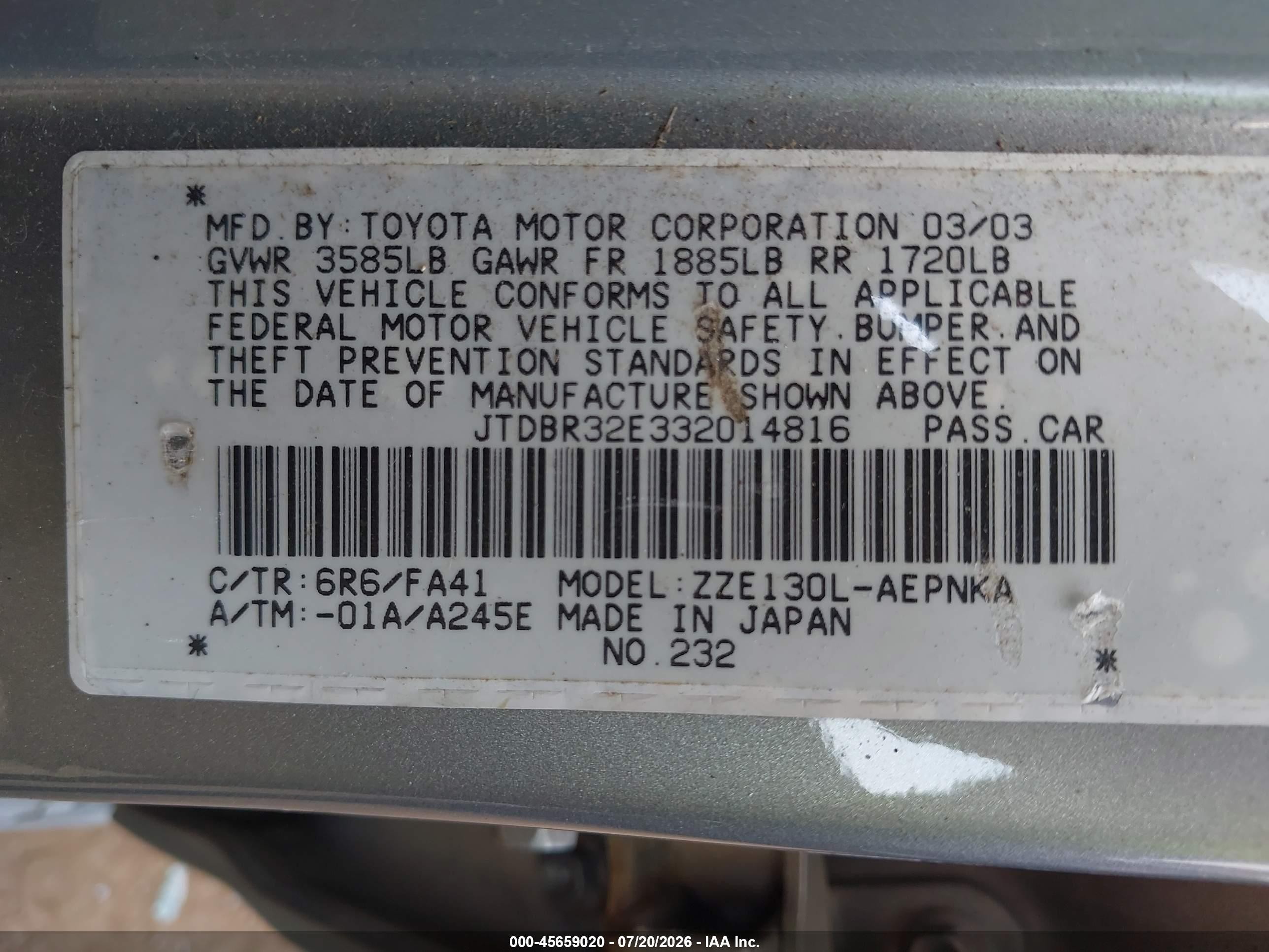 2003 Toyota Corolla Le Gray vin: JTDBR32E332014816