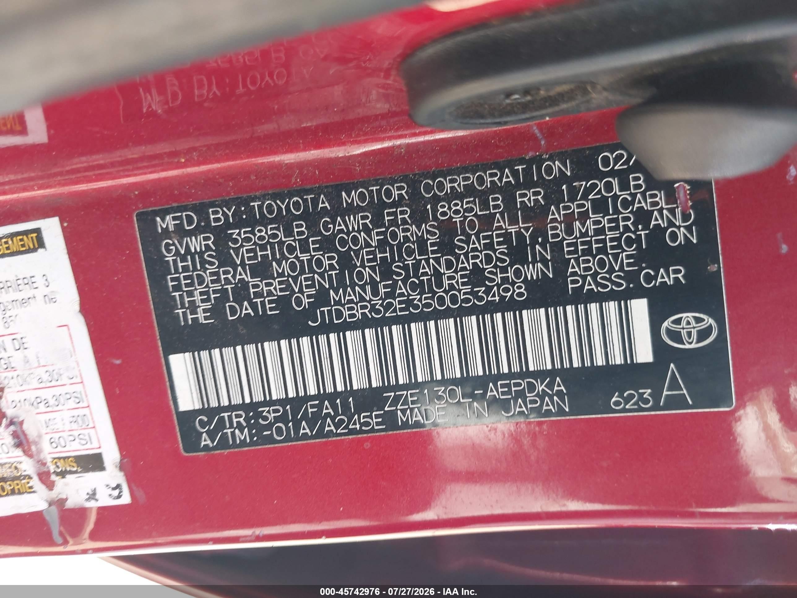 2005 Toyota Corolla Ce Red vin: JTDBR32E350053498