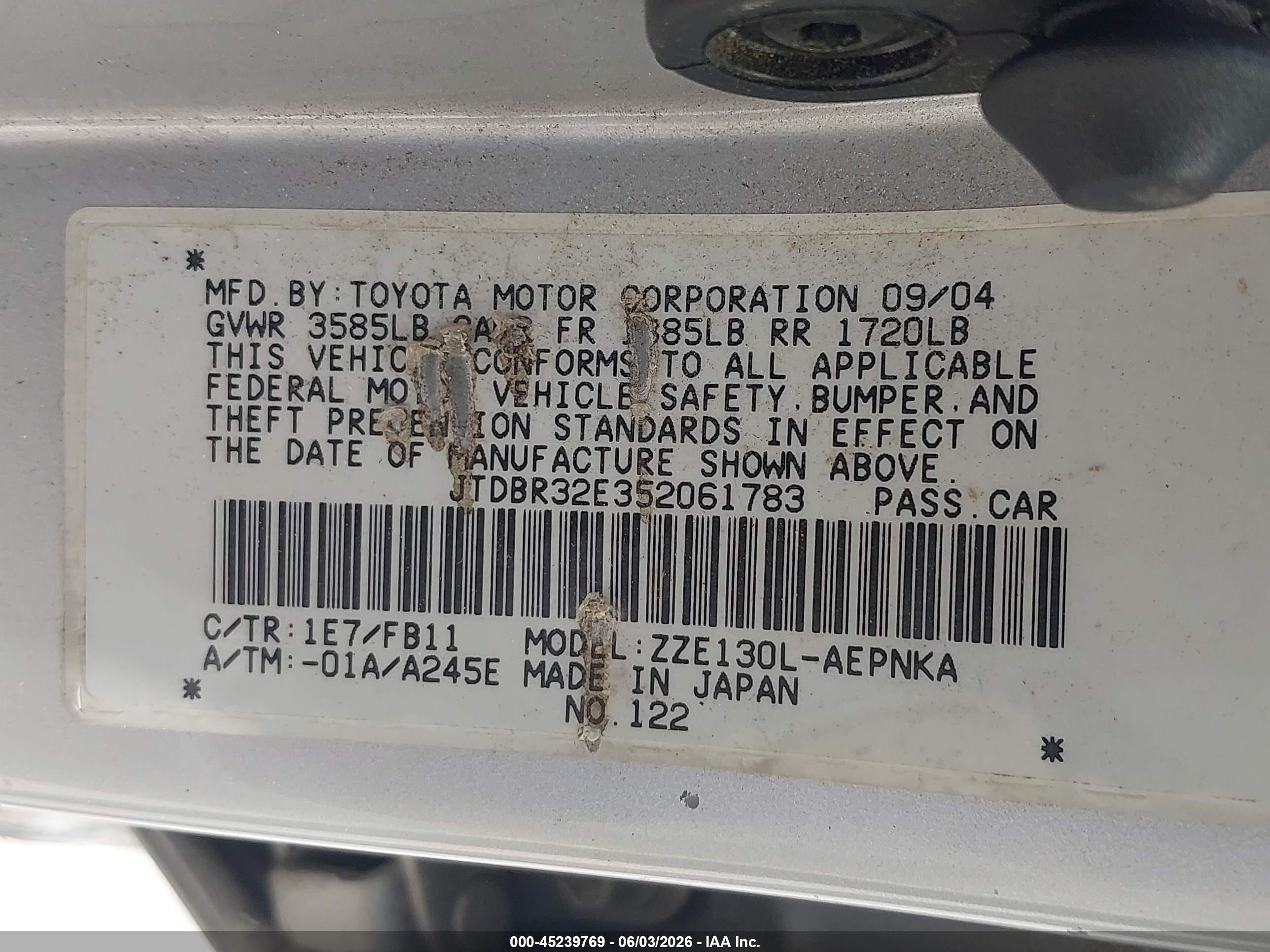 2005 Toyota Corolla Le Серебряный vin: JTDBR32E352061783