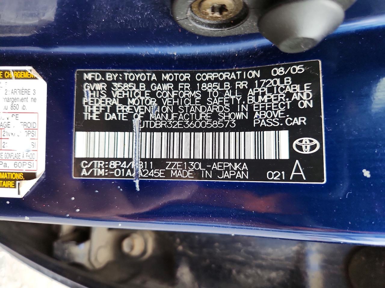 2006 Toyota Corolla Le Синий vin: JTDBR32E360058573