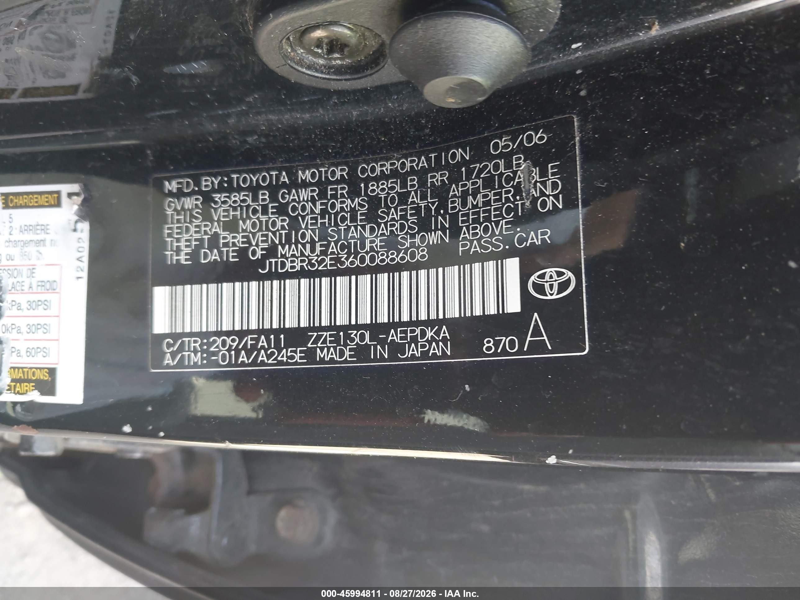 2006 Toyota Corolla Ce Blue vin: JTDBR32E360088608