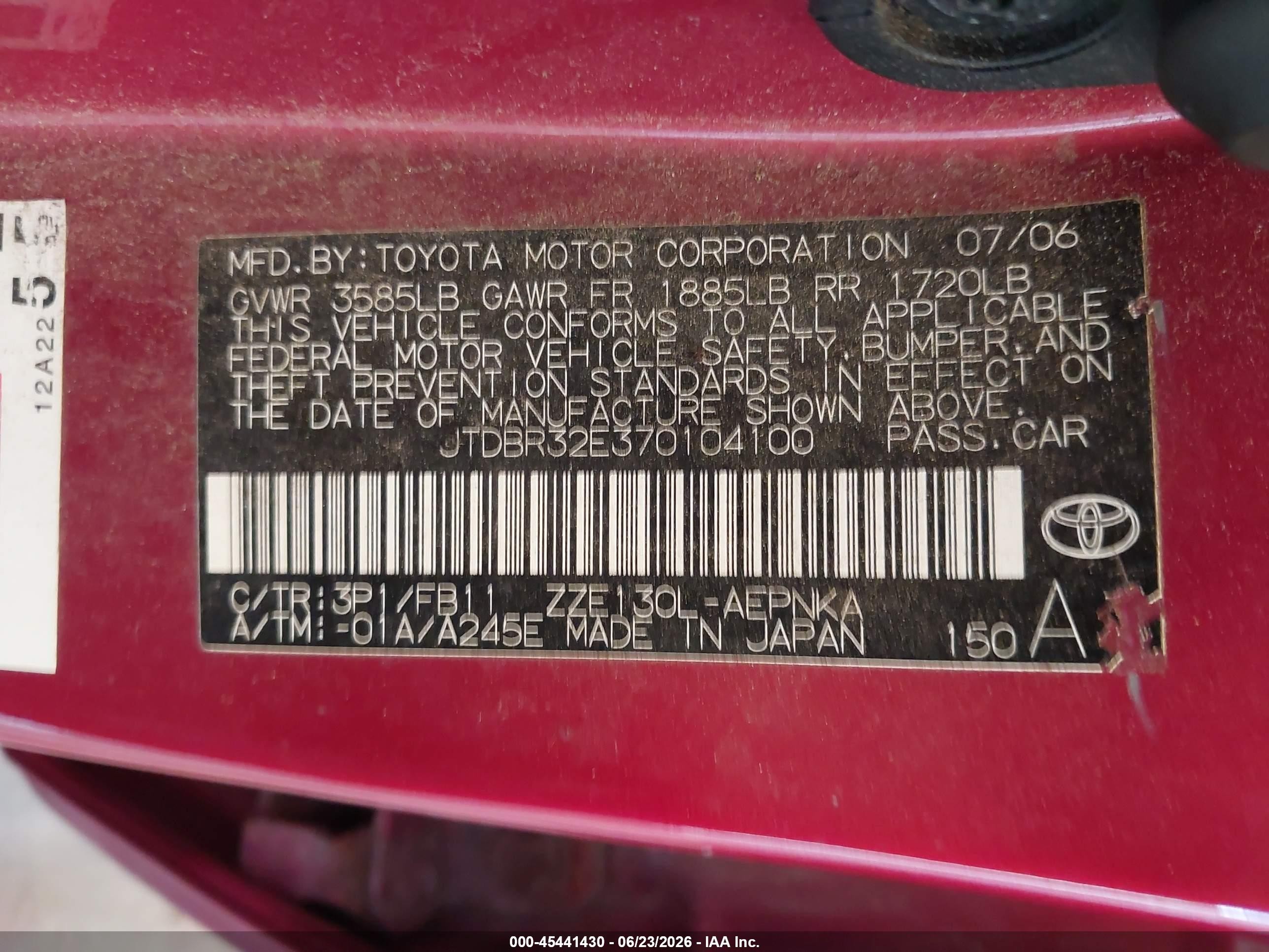 2007 Toyota Corolla Le Red vin: JTDBR32E370104100