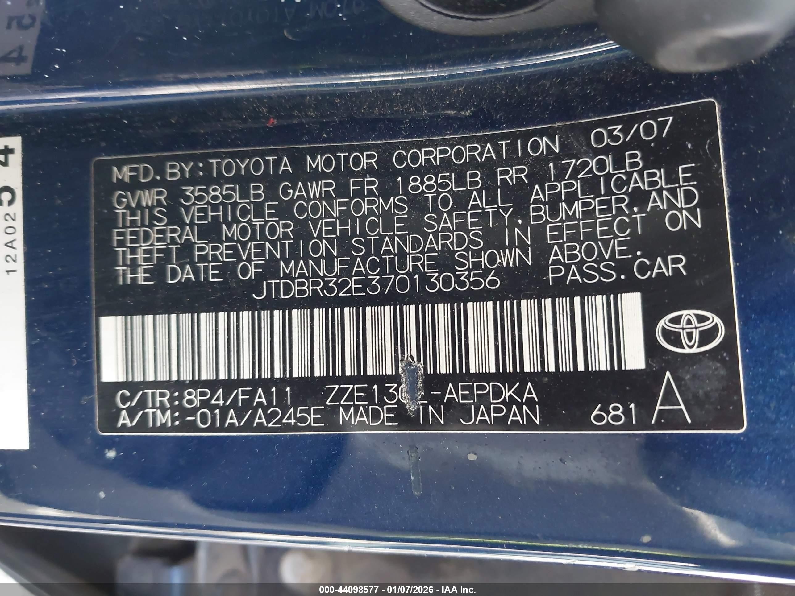 2007 Toyota Corolla Ce Blue vin: JTDBR32E370130356