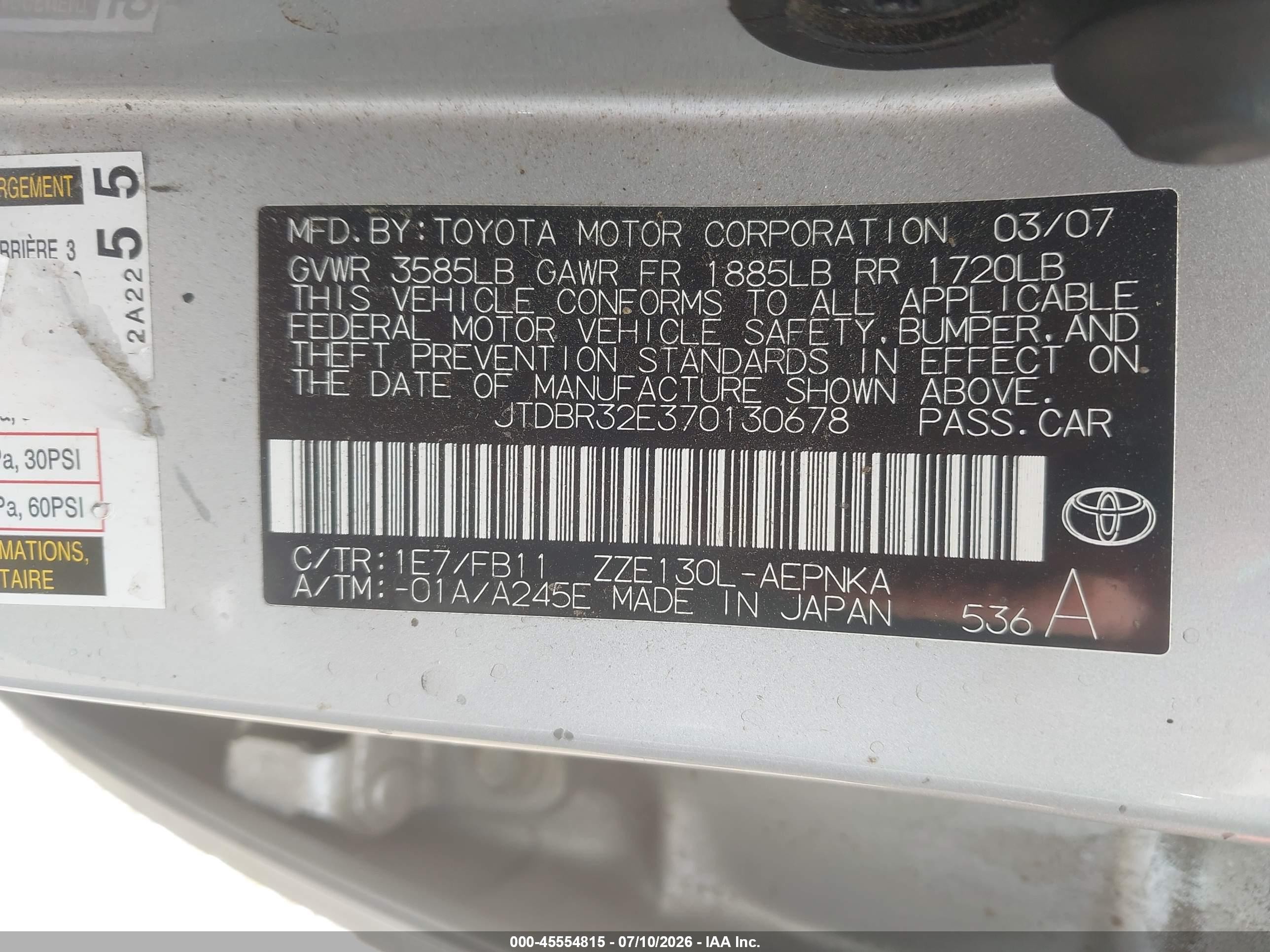 2007 Toyota Corolla Le Silver vin: JTDBR32E370130678