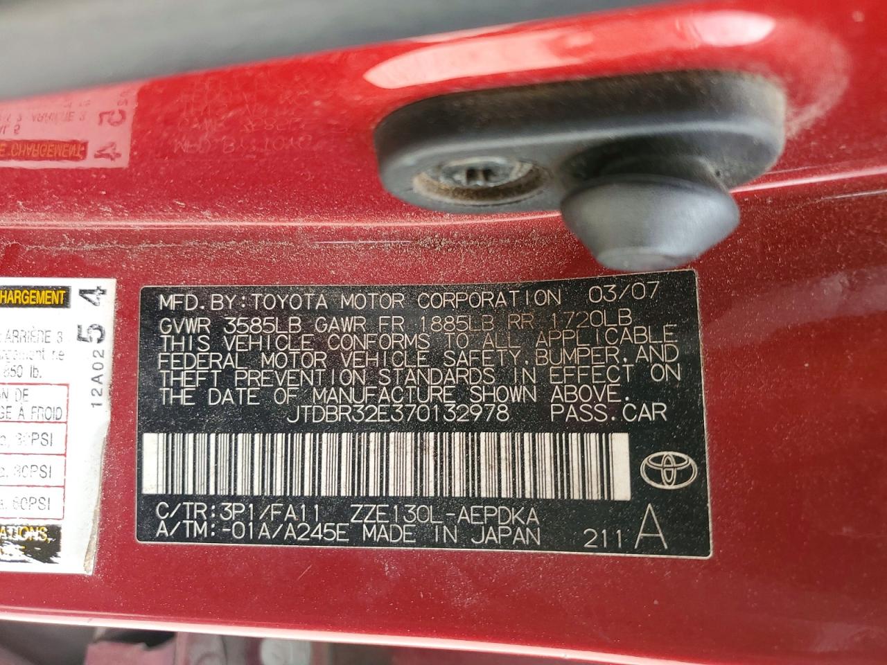 2007 Toyota Corolla Ce Red vin: JTDBR32E370132978