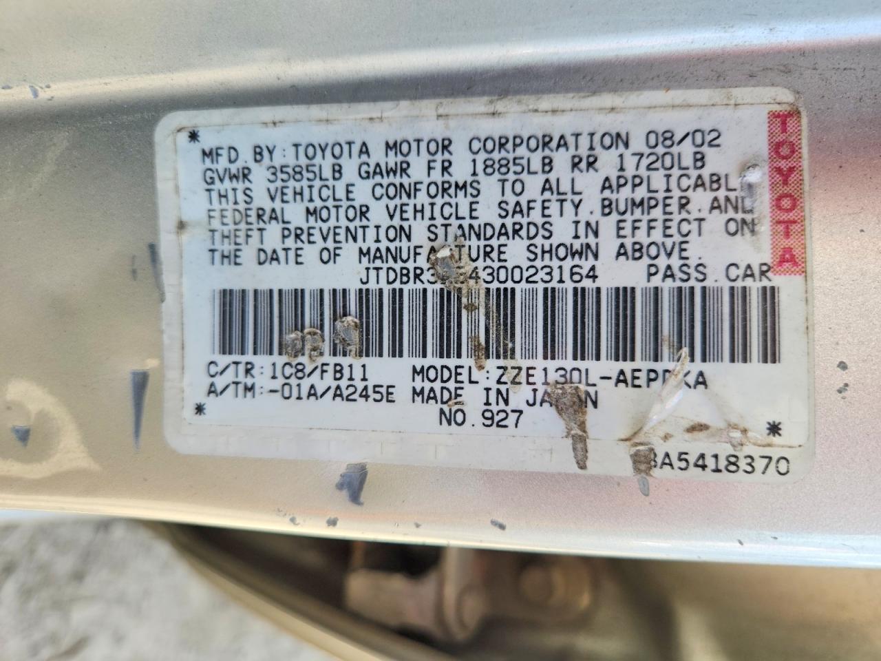 2003 Toyota Corolla Ce Silver vin: JTDBR32E430023164