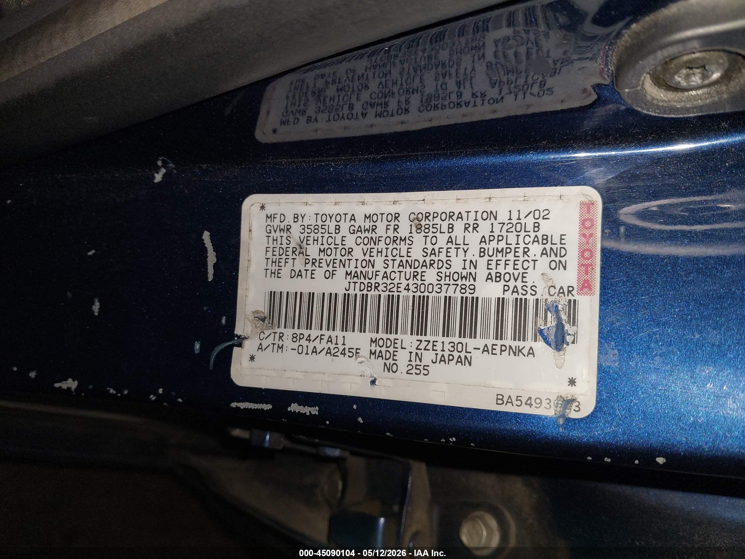2003 Toyota Corolla Le Blue vin: JTDBR32E430037789