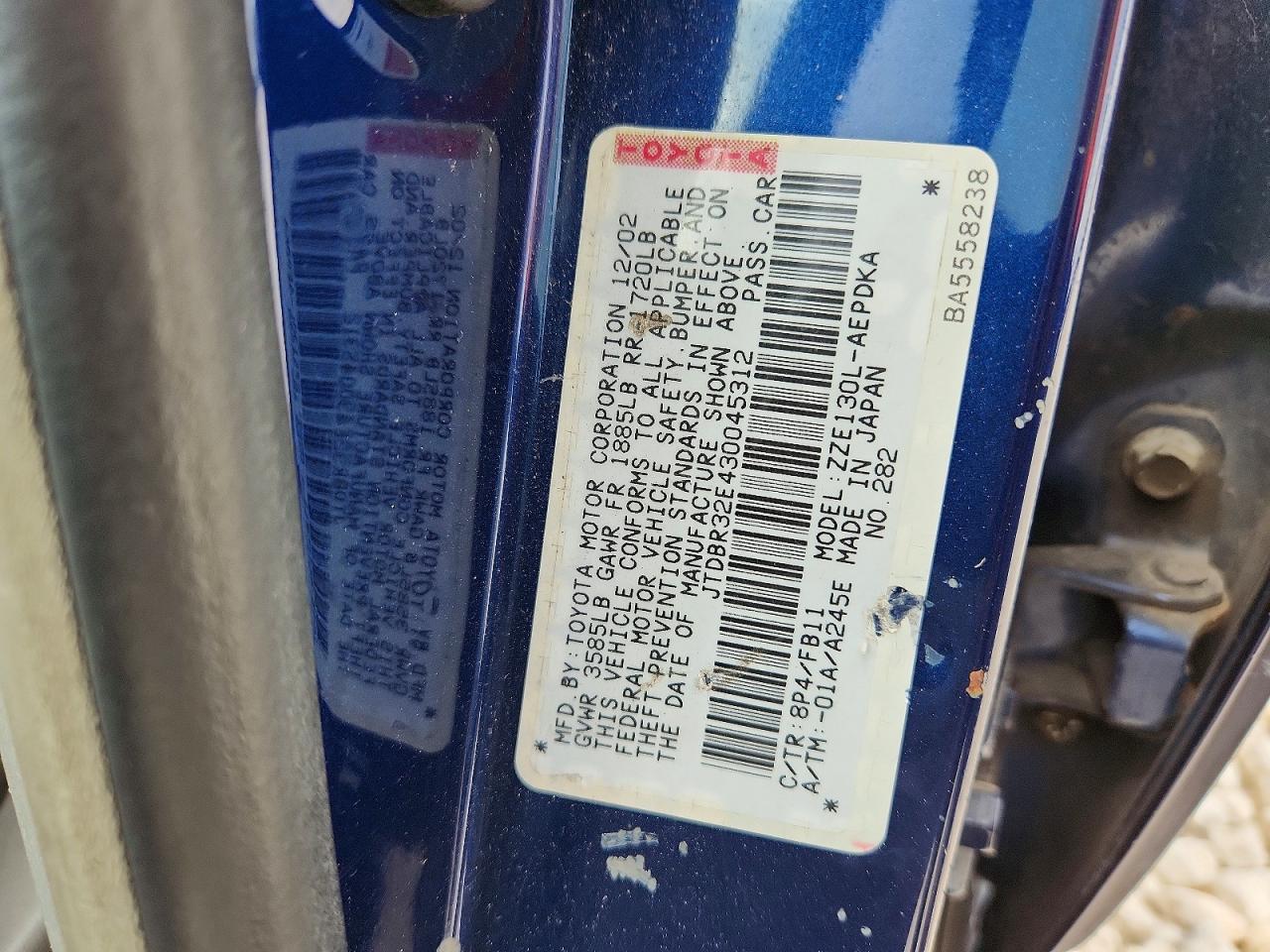 2003 Toyota Corolla Ce Blue vin: JTDBR32E430045312