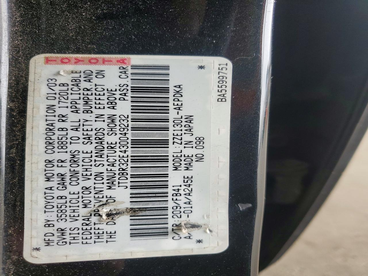 2003 Toyota Corolla Ce Black vin: JTDBR32E430049232