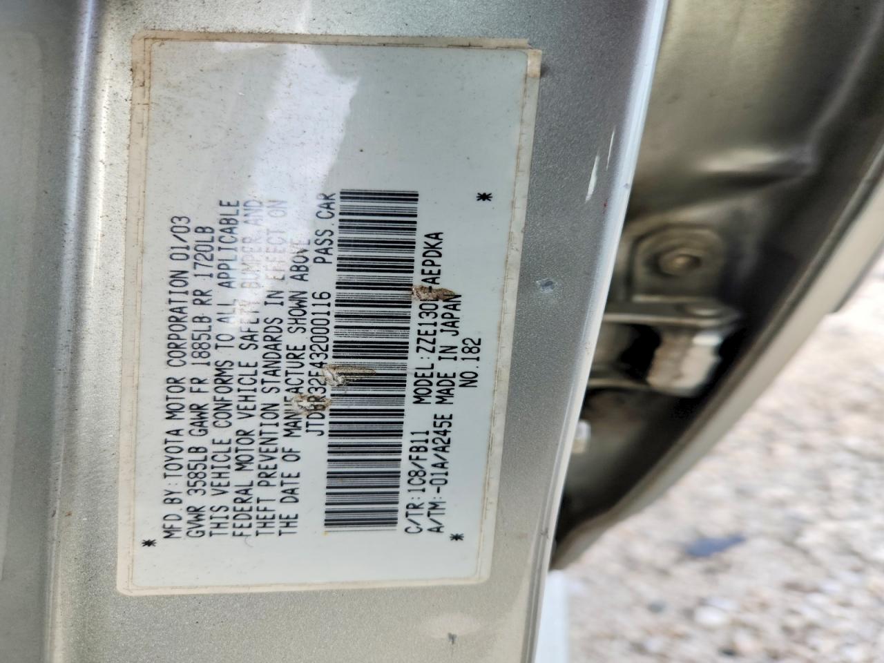 2003 Toyota Corolla Ce Silver vin: JTDBR32E432000116