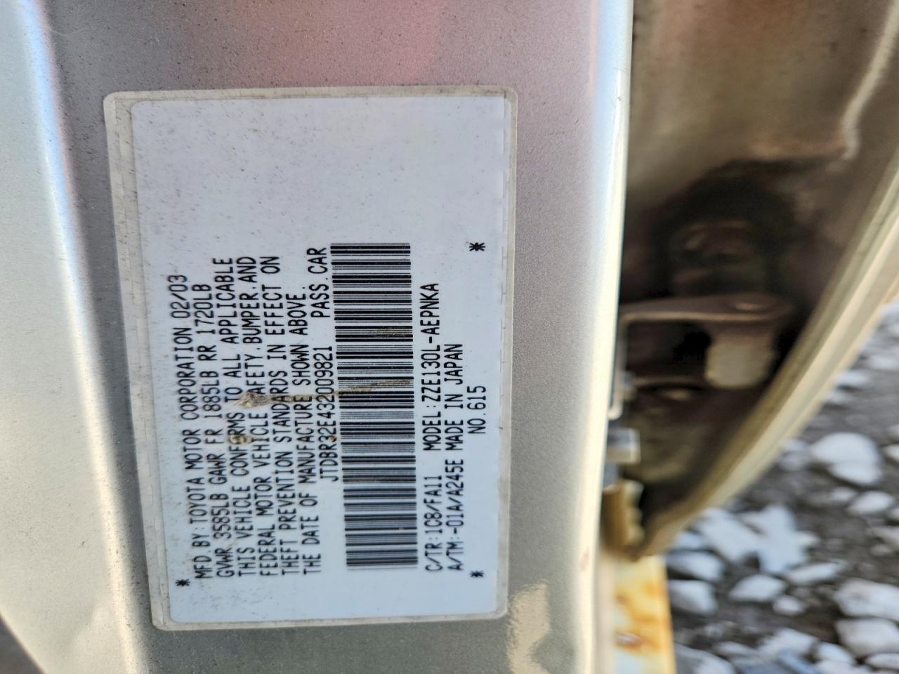2003 Toyota Corolla Le Silver vin: JTDBR32E432009821