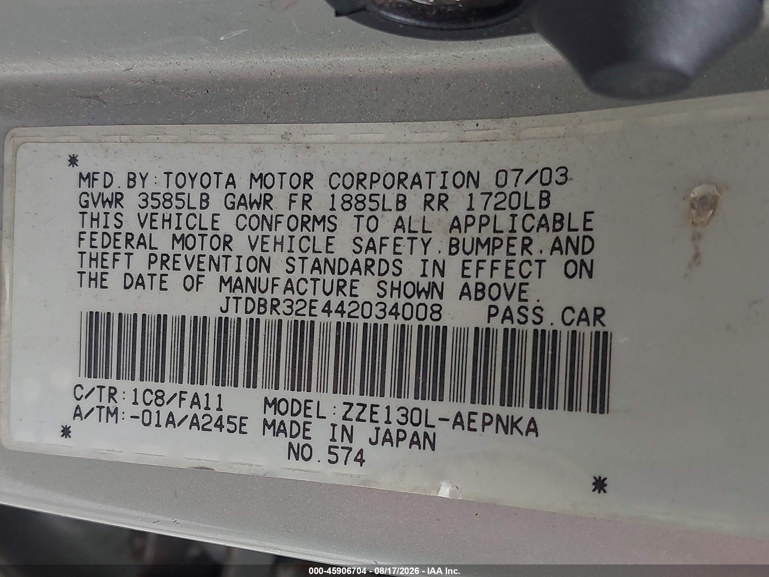 2004 Toyota Corolla Le Gray vin: JTDBR32E442034008