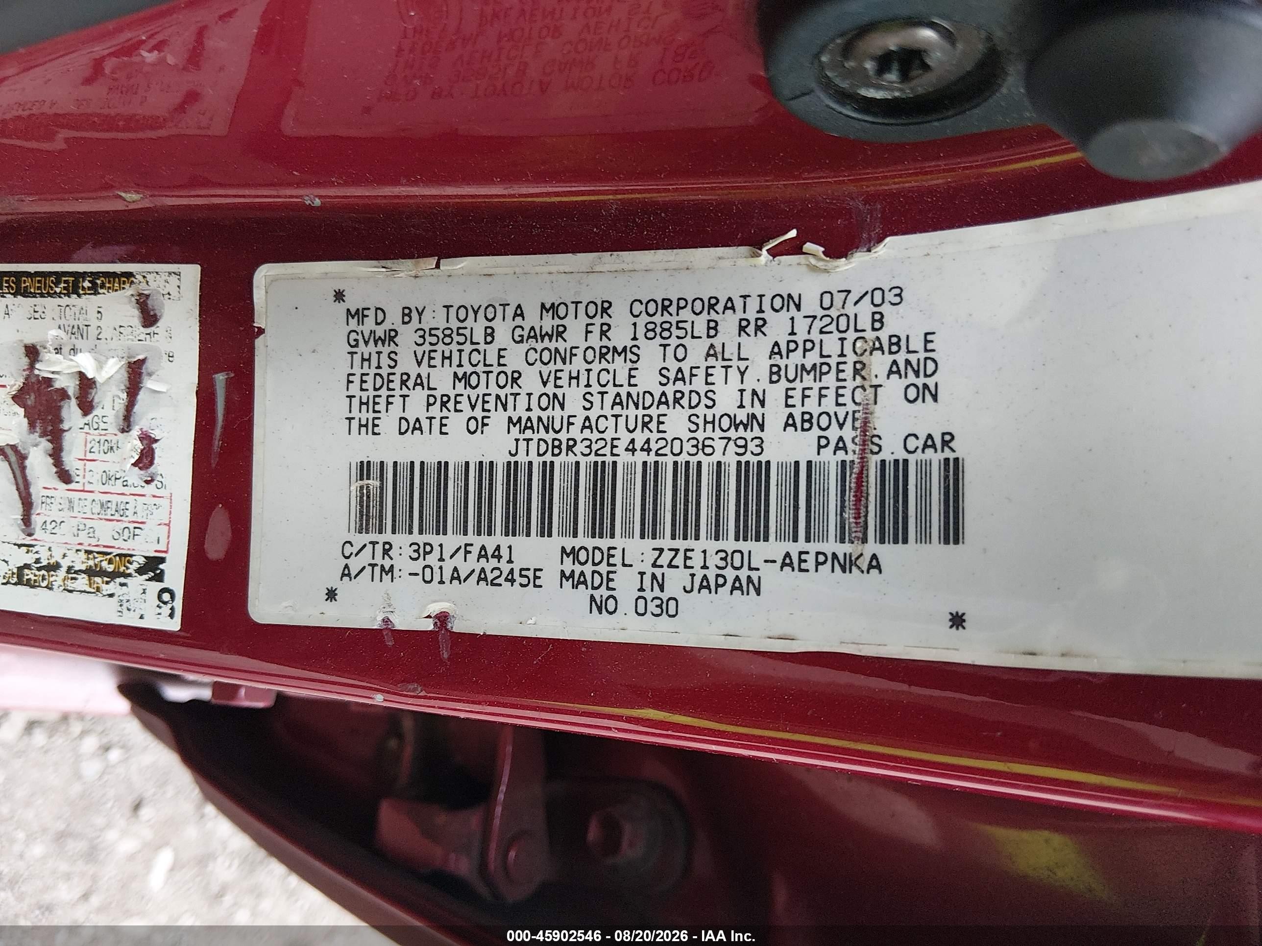 2004 Toyota Corolla Le Red vin: JTDBR32E442036793