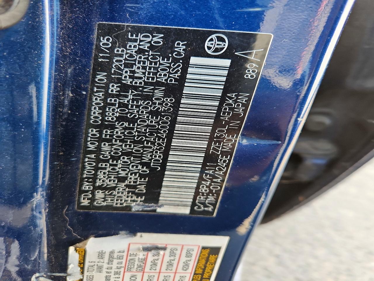 2006 Toyota Corolla Ce Blue vin: JTDBR32E460061398